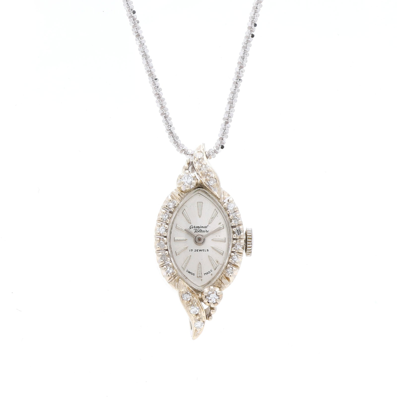 White Gold and Diamond Watch Necklace: White Gold and Diamond Watch Necklace manual wind, FEF 6620, the white gold oval case with single cut round diamond melee surround, the silver dial signed Germinal Voltaire with baton hour markers and