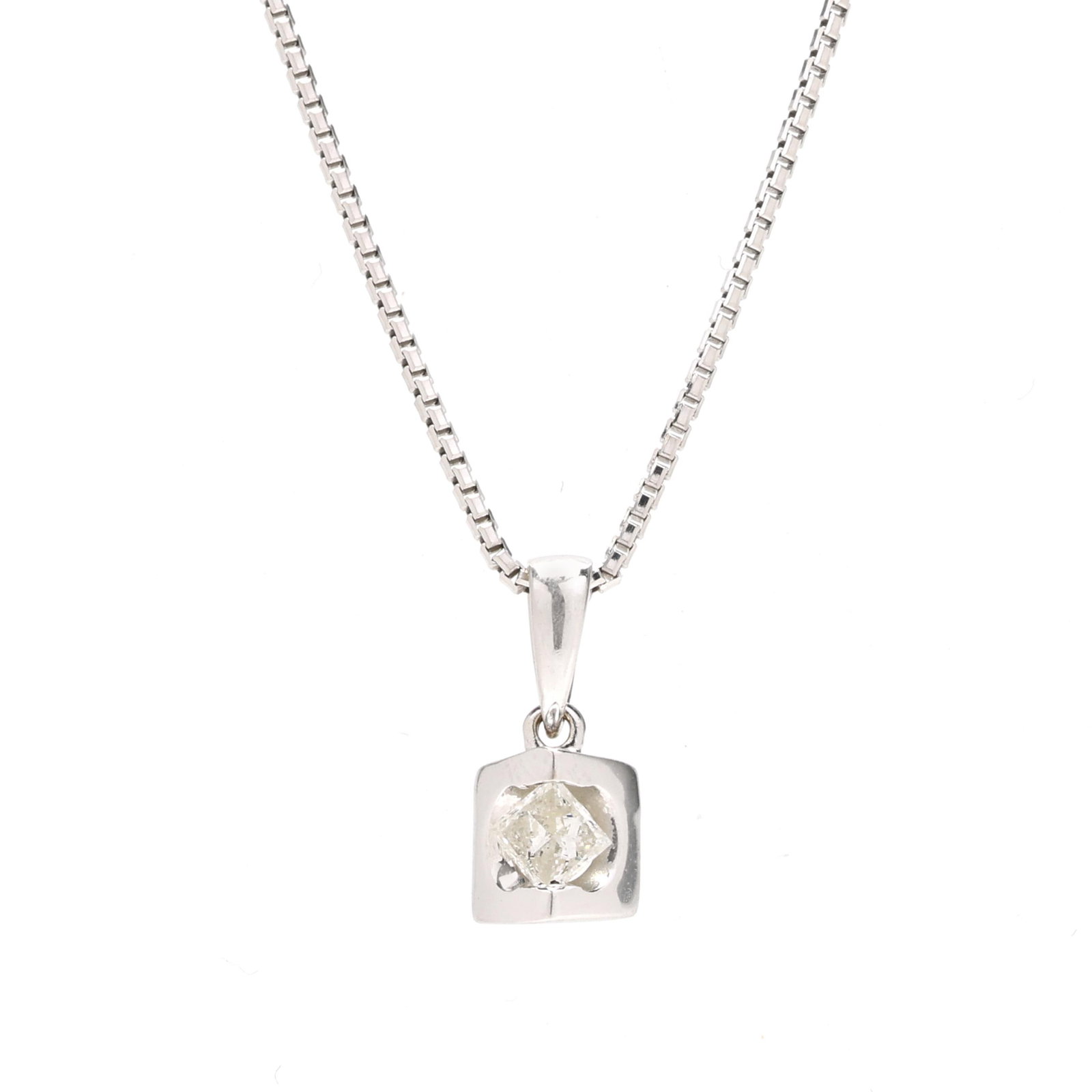 White Gold and Diamond Pendant Necklace: White Gold and Diamond Pendant Necklace the white gold pendant channel set with a kite set princess cut diamond weighing approximately .56 carat (E color, SI1 clarity), completed with a bail, suspende