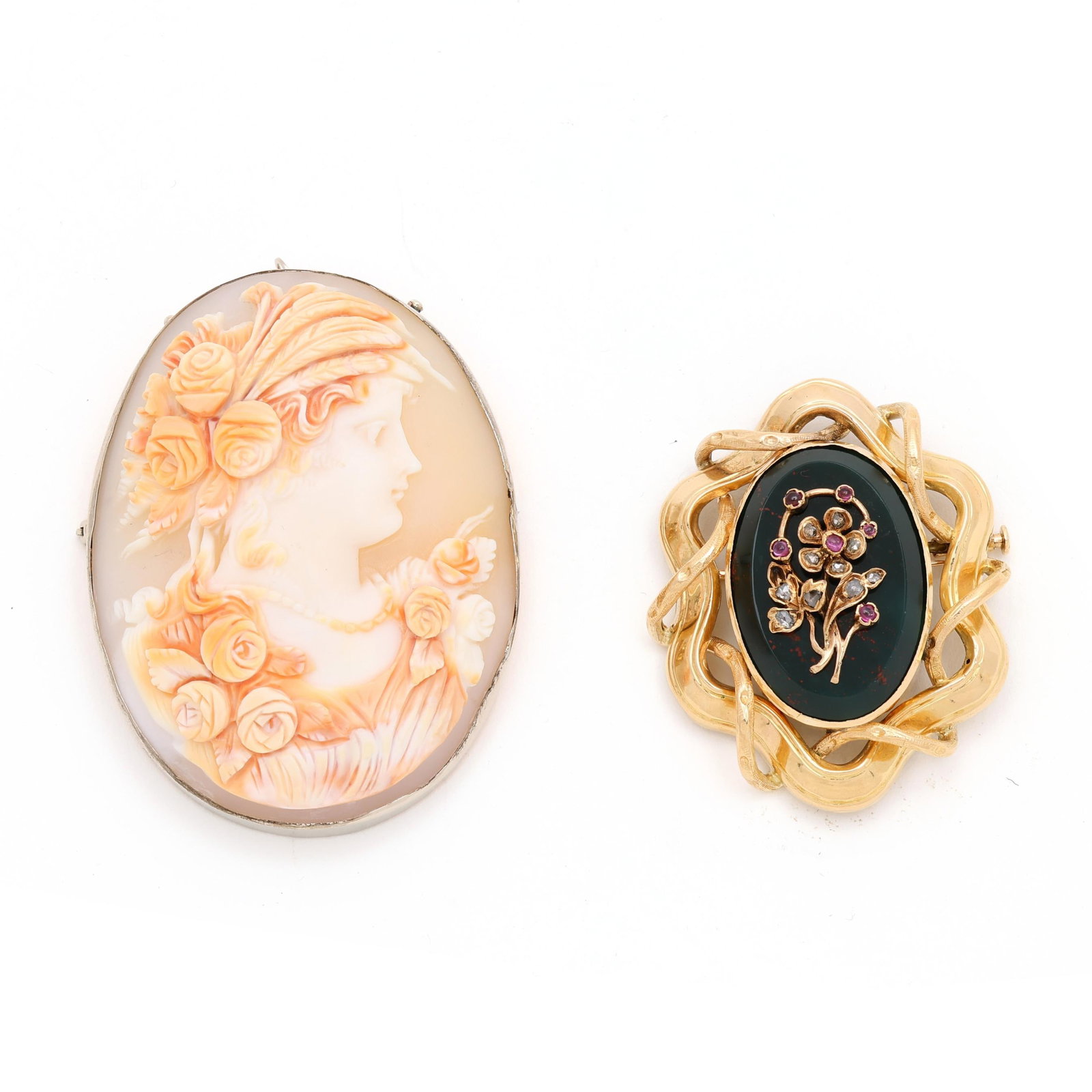 A Gold, Bloodstone, and Ruby Brooch and A White Gold Cameo Brooch (1 of 3)