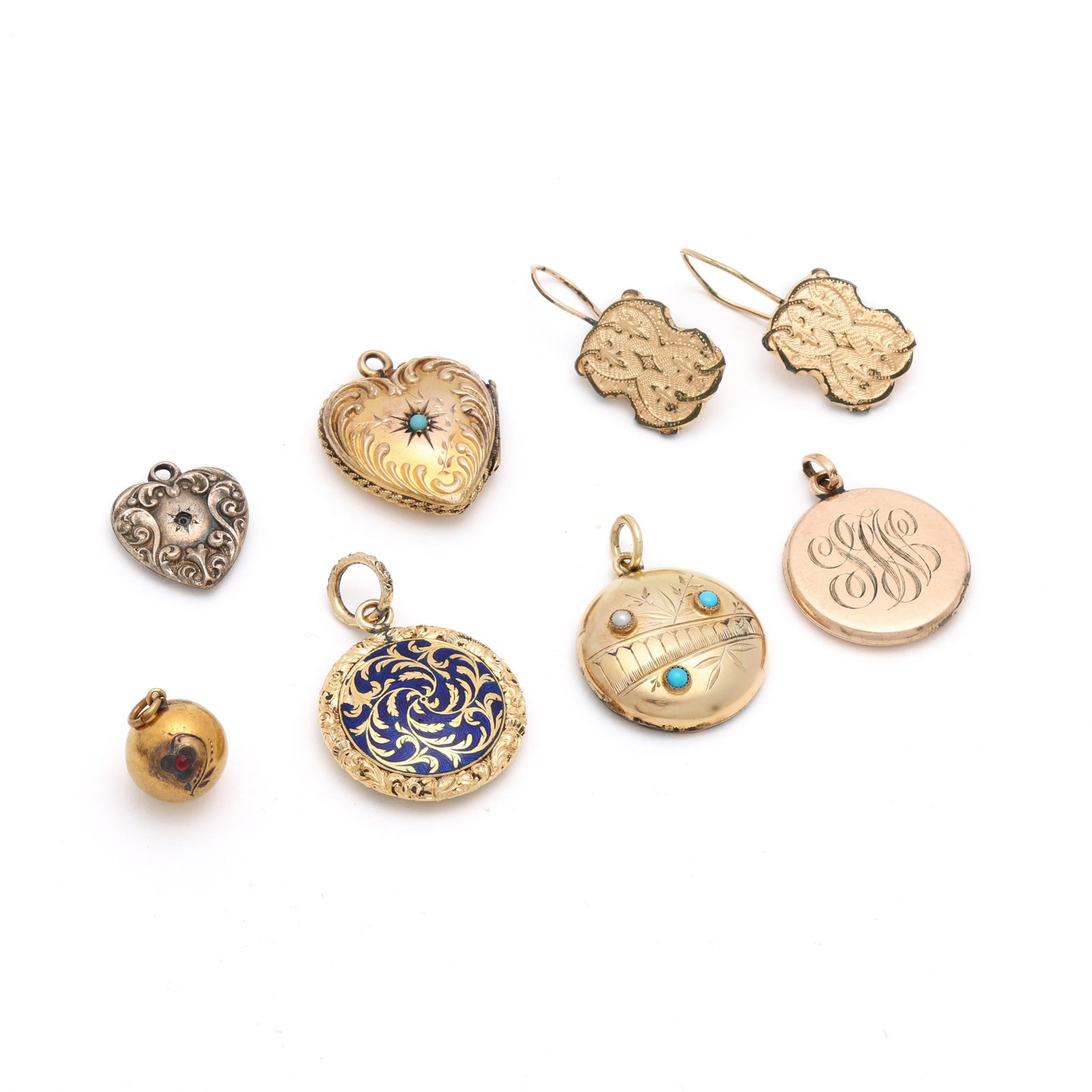 Group of Vintage Gold Charms and A Pair of Gold-Filled Earrings: Group of Vintage Gold Charms and A Pair of Gold-Filled Earrings to include: a round charm with window set within a floral and foliate surround, and reverse with blue enamel and foliate motif, complete