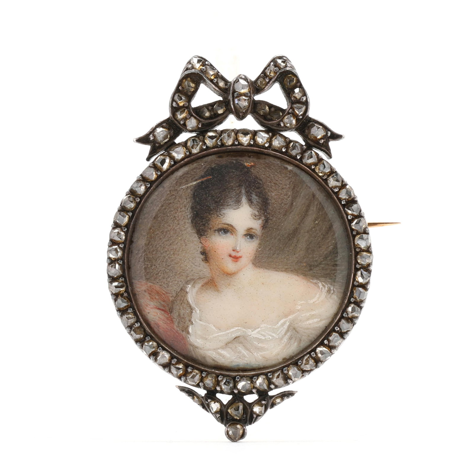 Antique Silver Topped Gold and Diamond Portrait Miniature Brooch, France: Antique Silver Topped Gold and Diamond Portrait Miniature Brooch, France the portrait miniature brooch with the portrait of a lady within a surround of rose cut diamonds, and with a bow surmount set w