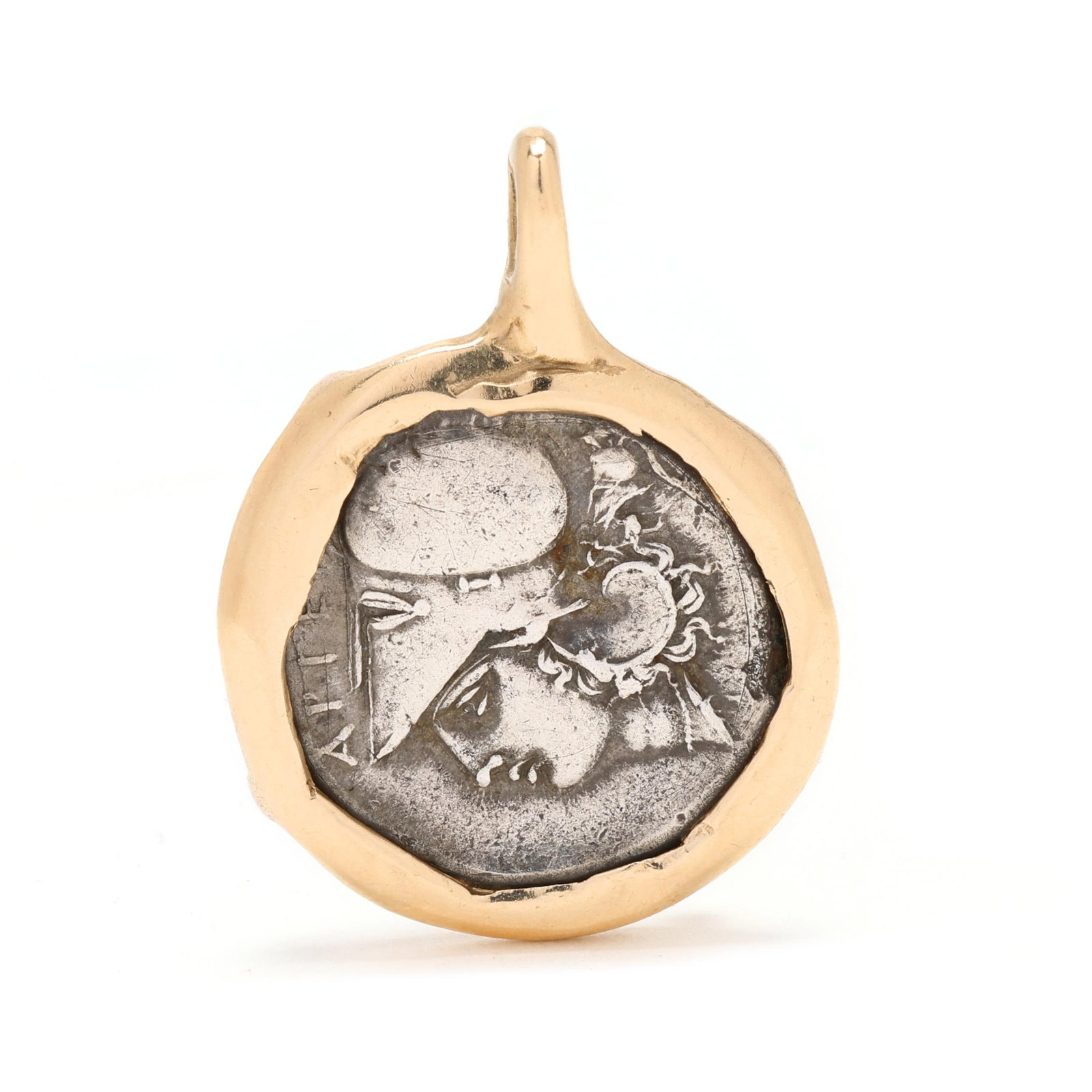Gold and Ancient Greek Coin Pendant: Gold and Ancient Greek Coin Pendant high polish gold bezel holding a silver Corinthian stater, Argos Amphilochicum, circa 4th century B.C., depicting the head of Athena to one side and Pegasos to the