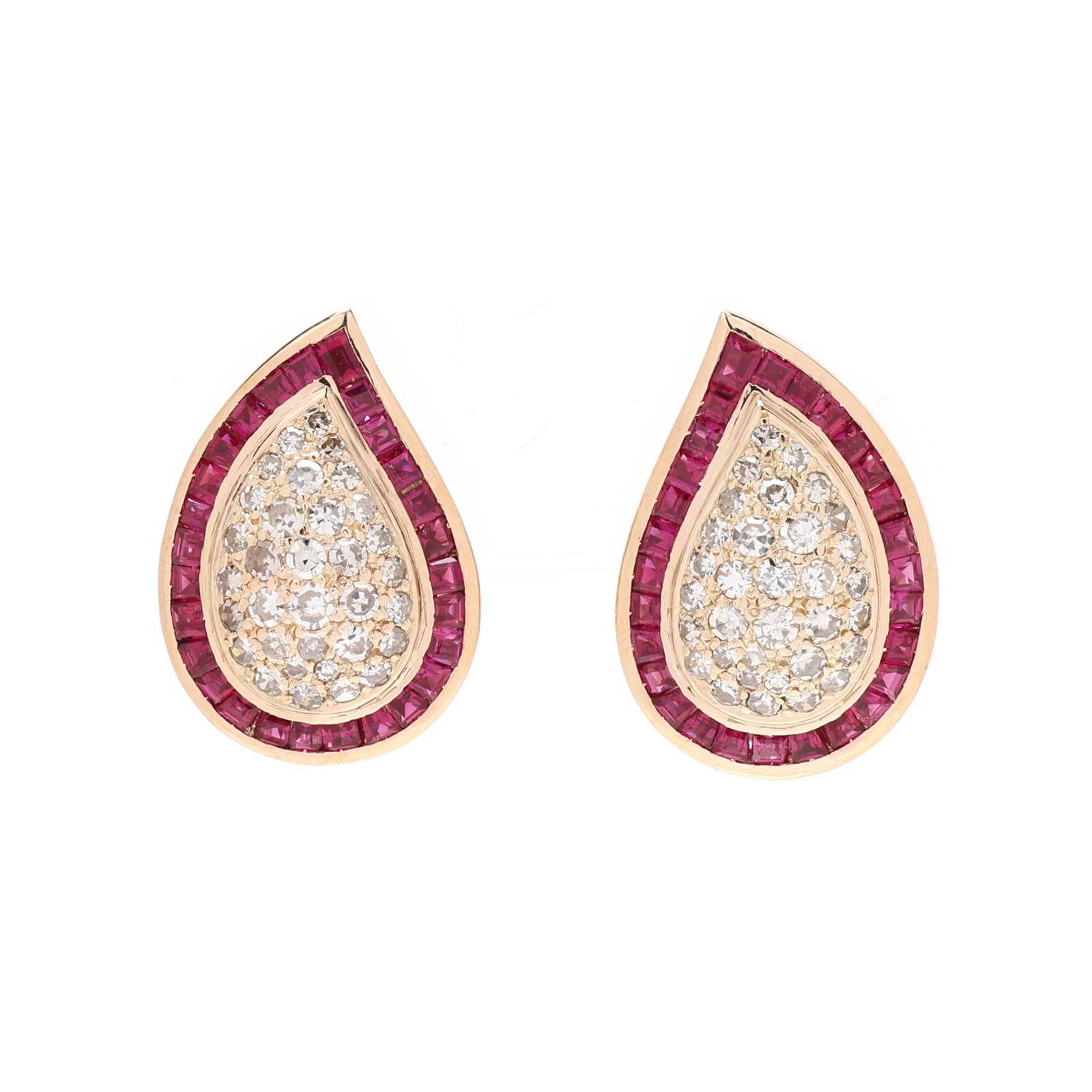 Retro Gold, Synthetic Ruby, and Diamond Earrings: Retro Gold, Synthetic Ruby, and Diamond Earrings paisley or water drop design, bead set to the center with single cut diamonds weighing approximately 1.60 total carats (K-L color, SI2-I1 clarity)