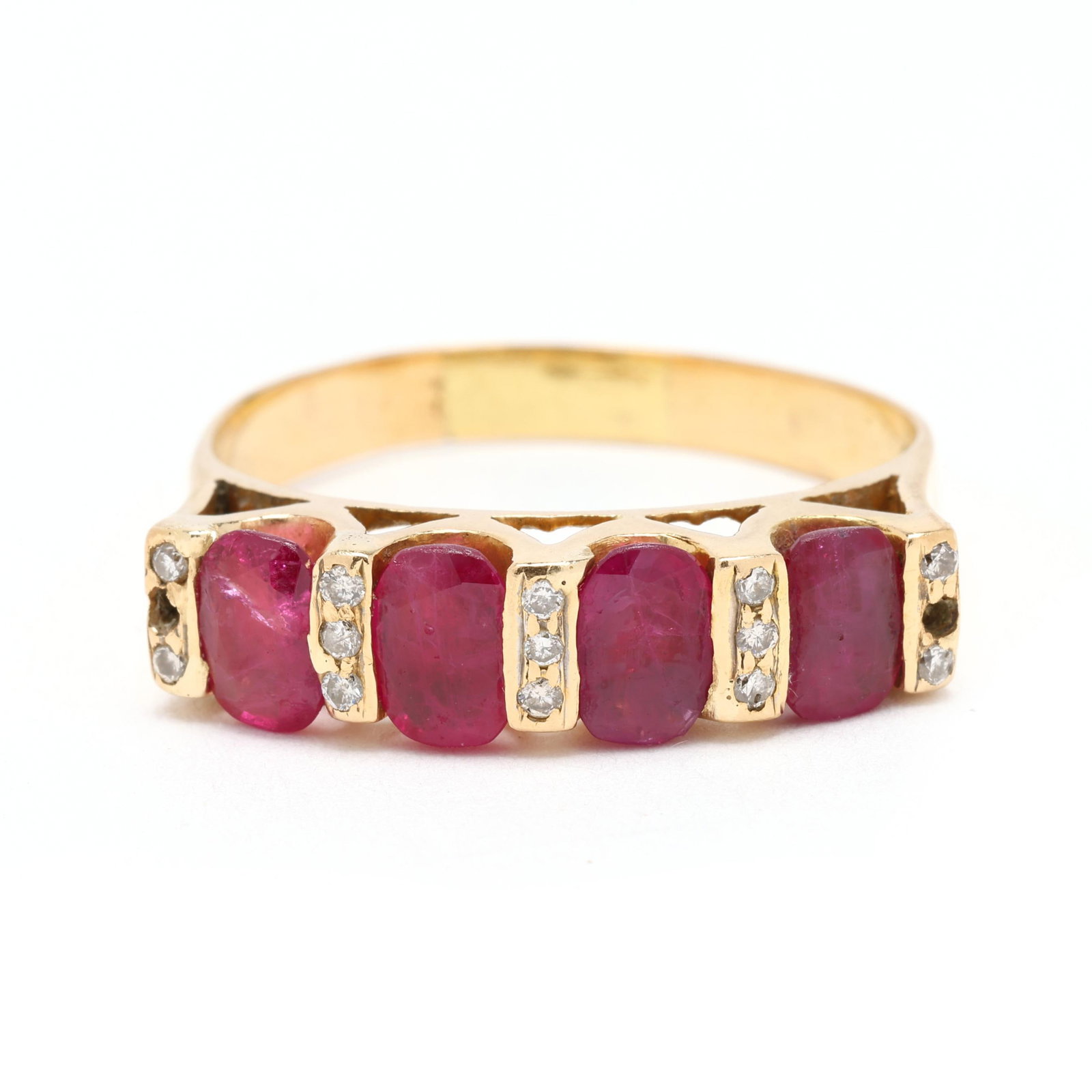 Gold, Ruby, and Diamond Ring: Gold, Ruby, and Diamond Ring the gold band bar set with oval cut rubies and set to the bars with full cut round diamond melee, stamped 750. 5.6mm; Ring size 10.5 3.6 dwt. From the Estate of the late