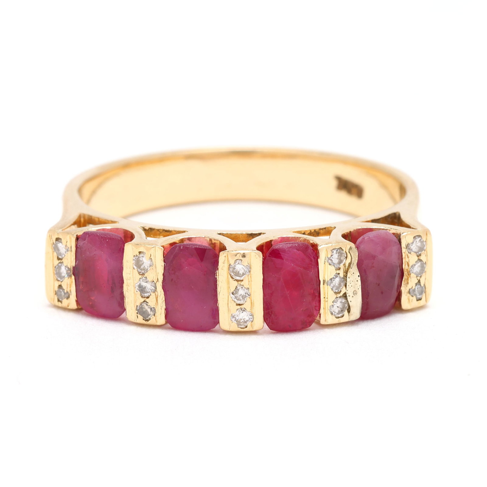 Gold, Ruby, and Diamond Ring: Gold, Ruby, and Diamond Ring the gold band bar set with oval cut rubies and set to the bars with full cut round diamond melee, stamped 750. 5.5mm; Ring size 10.5 4.6 dwt. From the Estate of the late