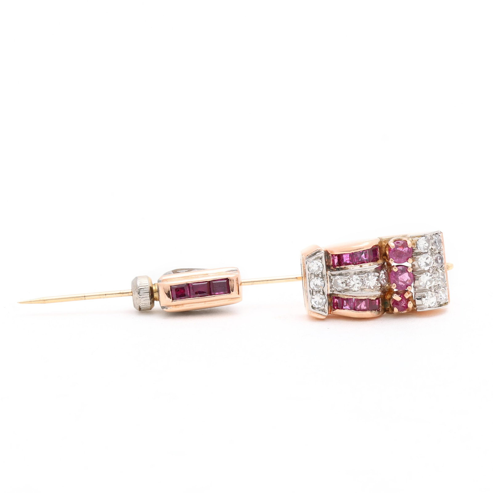 Retro Gold, Diamond, and Ruby Stick Pin: Retro Gold, Diamond, and Ruby Stick Pin surmount and slide set with single cut diamonds weighing approximately .50 total carat (I-J color, SI2-I1 clarity) and round cut and square cut rubies weighing