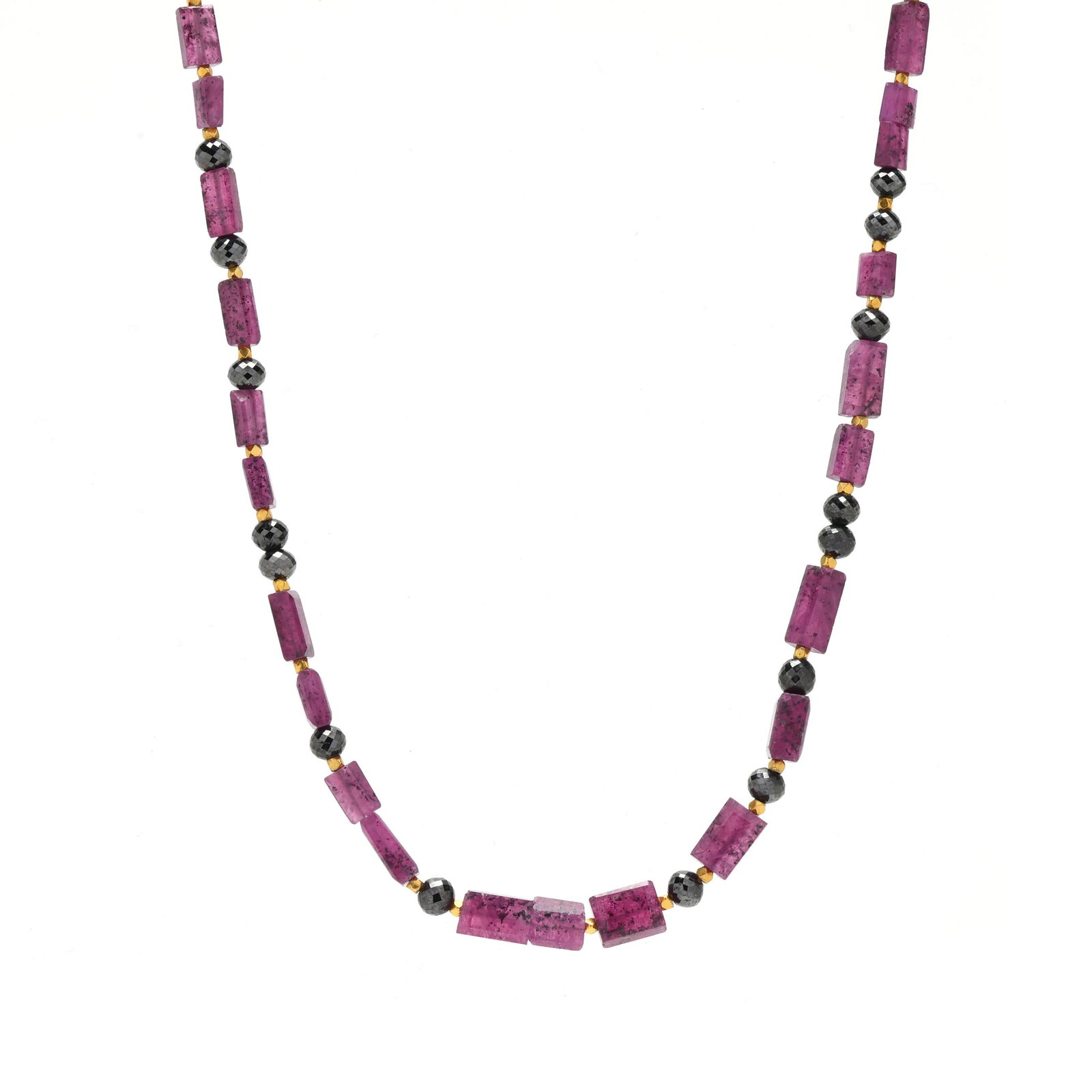 Gold, Ruby, and Sapphire Bead Necklace: Gold, Ruby, and Sapphire Bead Necklace strung with rectangular ruby, faceted black sapphire, and faceted gold beads, completed with a gold clasp, stamped 750 and with Italian registry mark 956 VI.