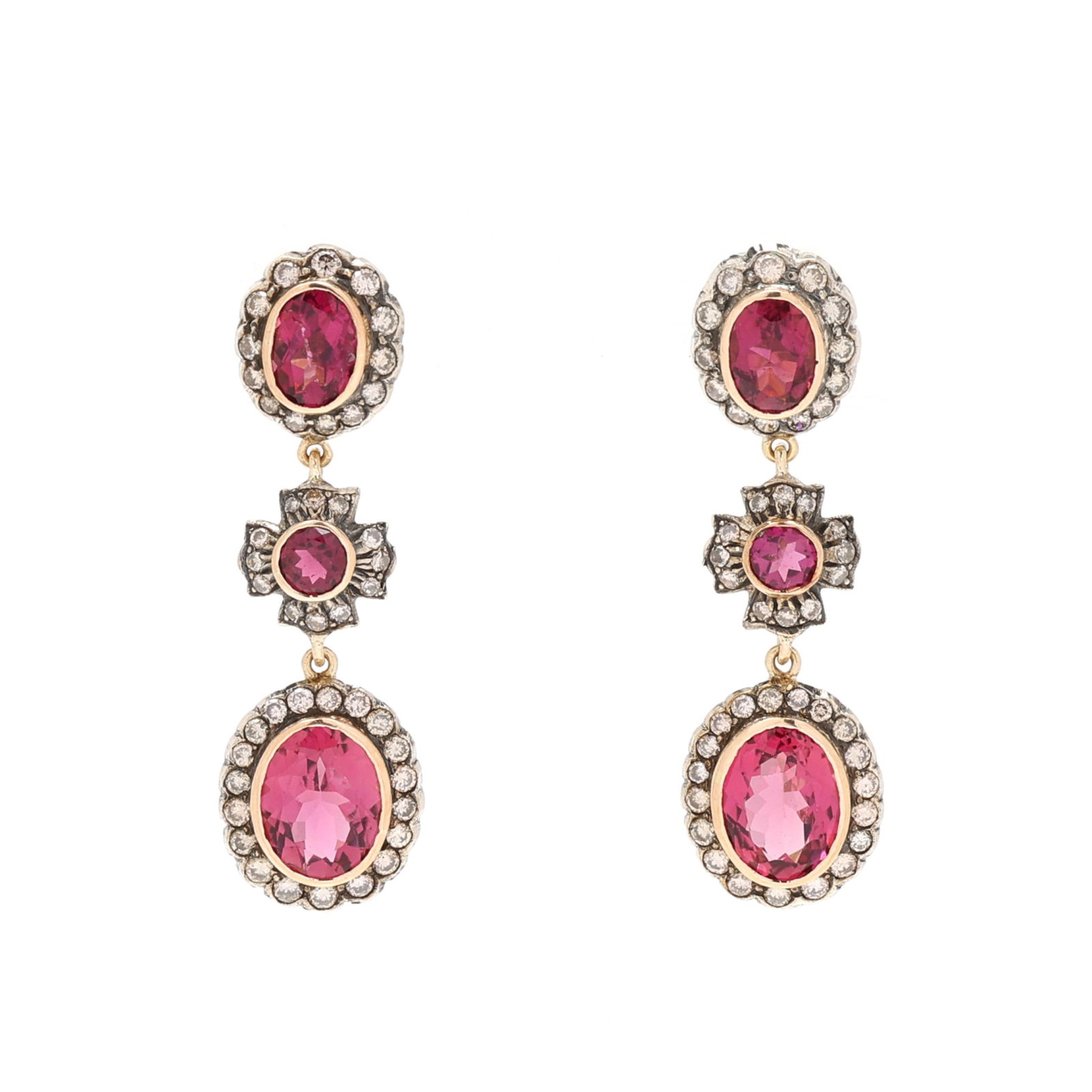 Silver Topped Gold, Diamond, and Tourmaline Drop Earrings: Silver Topped Gold, Diamond, and Tourmaline Drop Earrings the surmount with an oval cut pink tourmaline (6.8 x 5.0mm) bezel set within a surround of full cut round diamonds, suspending a round cut