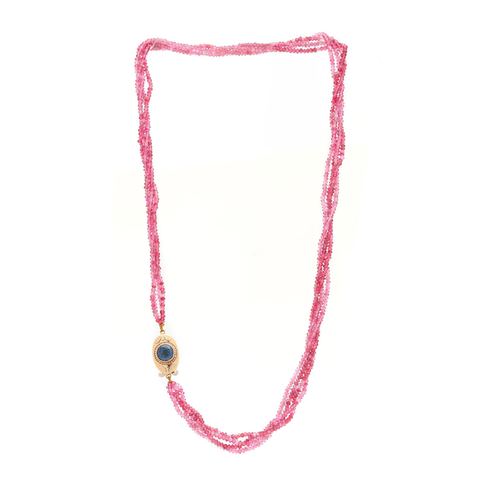 Gold and Pink Spinel Multi-Strand Necklace: Gold and Pink Spinel Multi-Strand Necklace strung with four strands of faceted pink spinel beads, completed with a gold box clasp bezel set with a violet spinel, and with a surround of seed pearls, XR