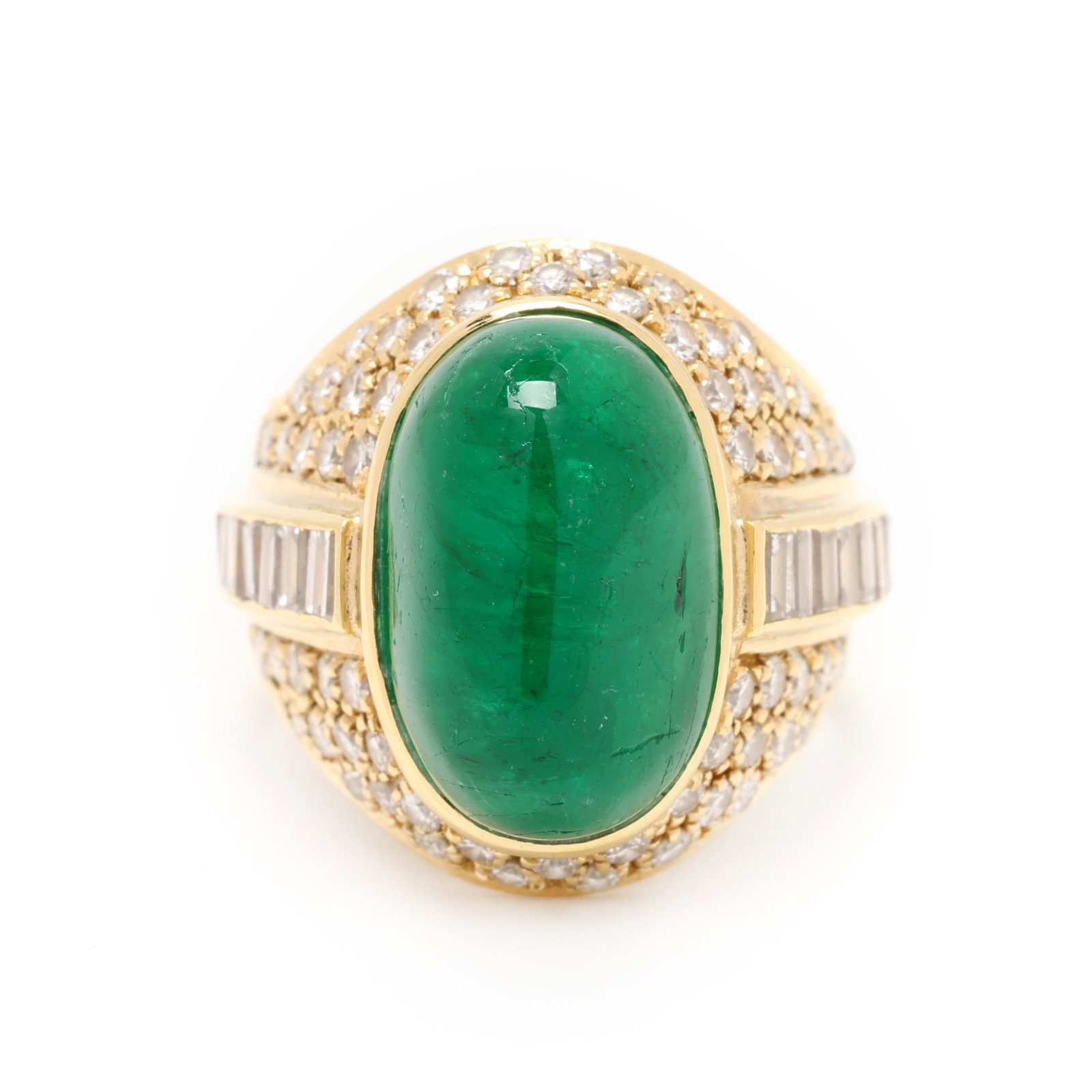 Gold, Emerald, and Diamond Ring: Gold, Emerald, and Diamond Ring centered on an oval cabochon cut emerald (16.0 x 10.2 x 7.8mm) weighing approximately 9.5 carats, and pavé set to the surround and shoulders with full cut round diamon