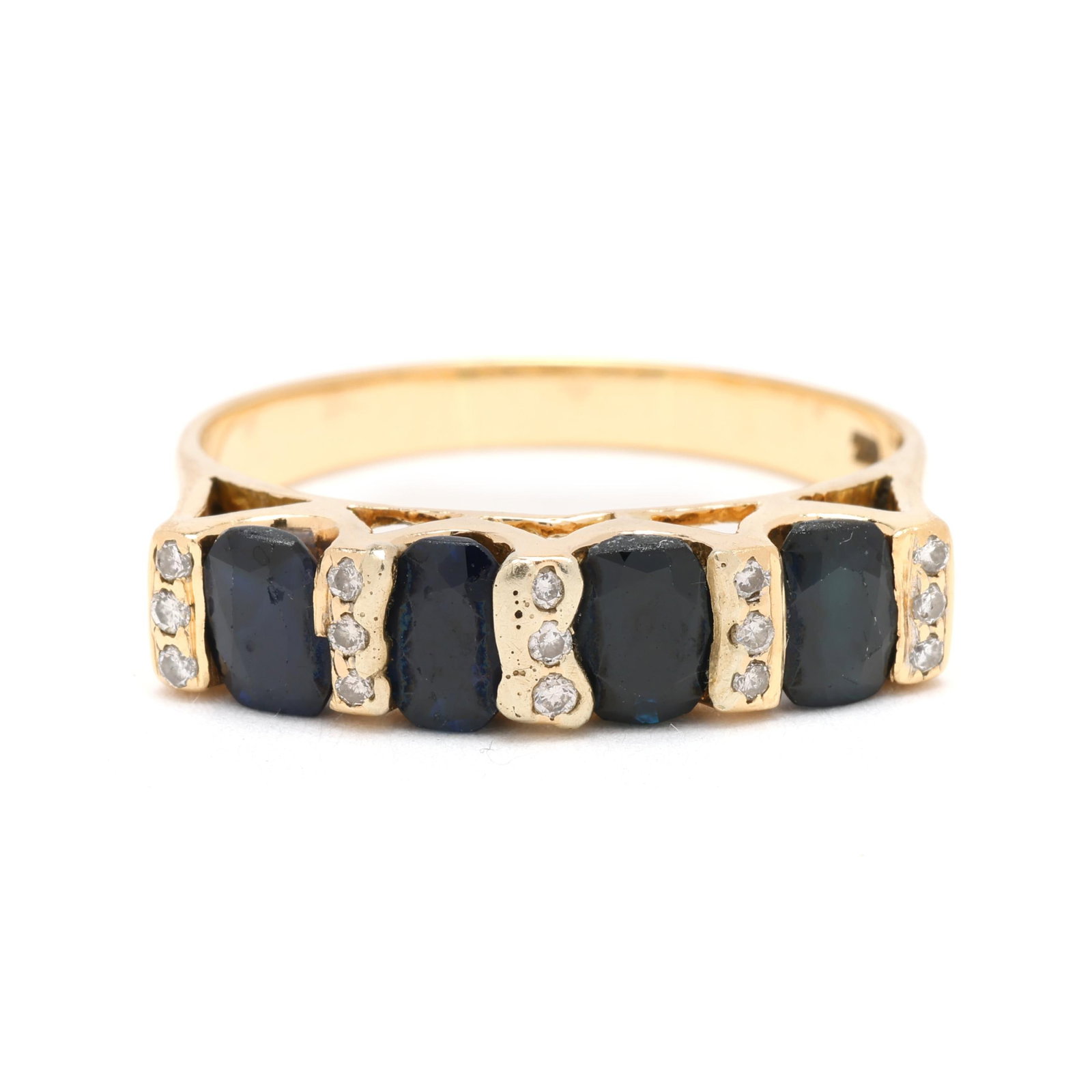 Gold, Sapphire, and Diamond Ring: Gold, Sapphire, and Diamond Ring the gold band bar set with oval cut sapphires and set to the bars with full cut round diamond melee, stamped 750. 5.5mm; Ring size 10.25 3.7 dwt. From the Estate of th