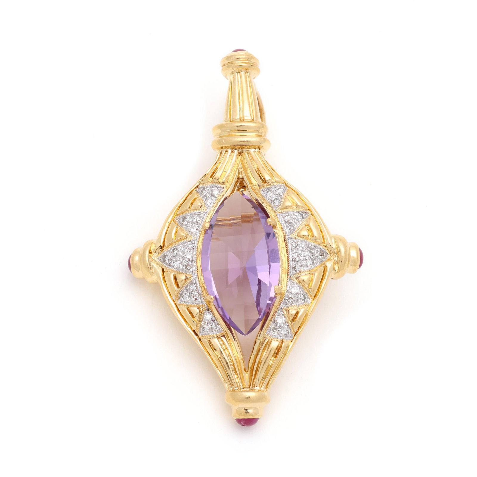 Gold, Amethyst, Ruby, and Diamond Pendant / Brooch, Bellarri: Gold, Amethyst, Ruby, and Diamond Pendant / Brooch, Bellarri the pendant / brooch in the form of a gold perfume bottle, set to the center on a navette cut amethyst (17.0 x 9.1 x 5.3mm), pavé set