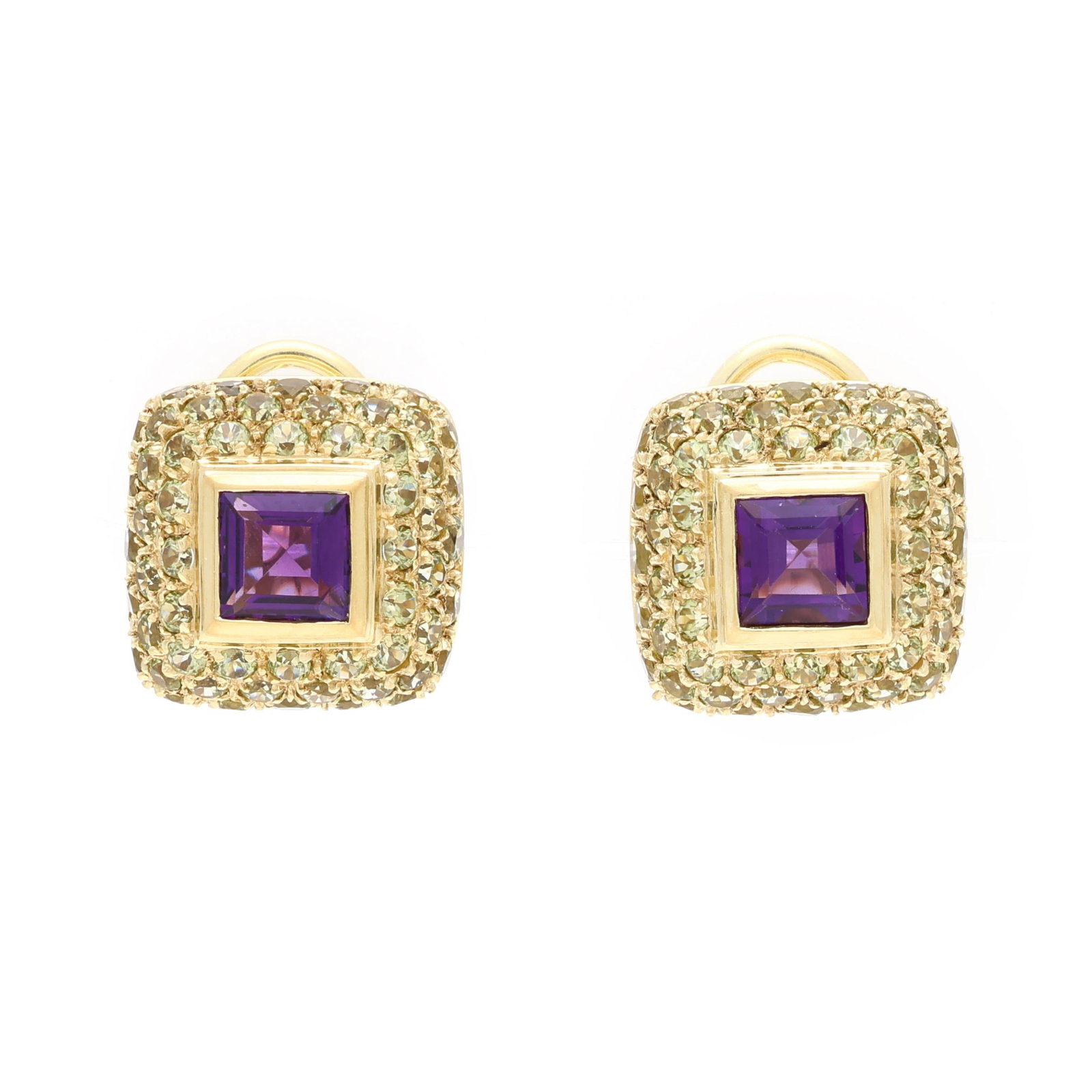 Gold, Amethyst, and Diopside Earrings: Gold, Amethyst, and Diopside Earrings domed form earrings centered on a bezel set square cut amethyst (6 x 6mm) within a pavé set diopside surround, completed with a post and omega back, and stamped