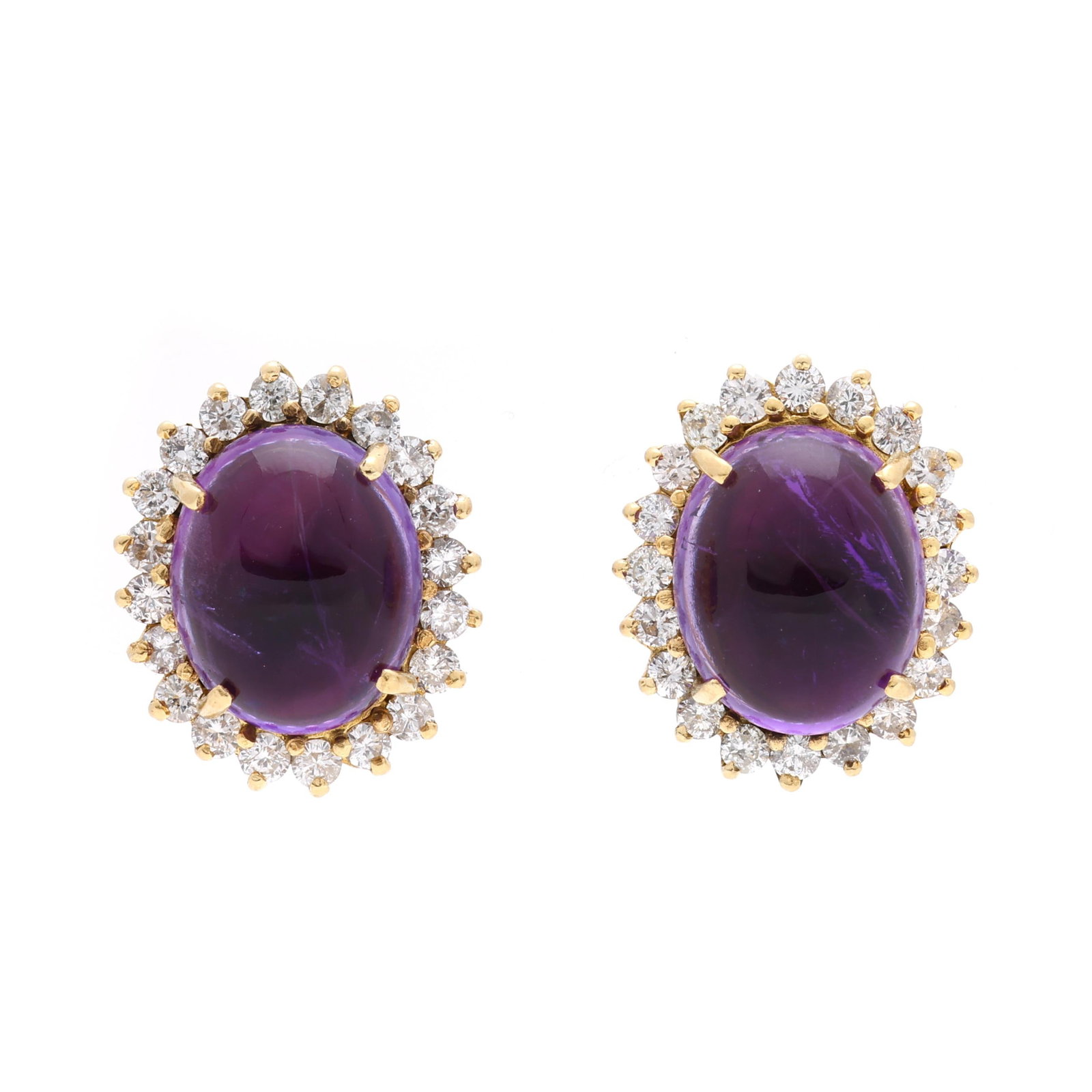 Gold, Amethyst, and Diamond Earrings: Gold, Amethyst, and Diamond Earrings centered on an oval cabochon cut amethyst (12.4 x 10.1mm; 12.4 x 10.1mm) set within a halo of full cut round diamonds weighing approximately 1.2 total carats (H-I