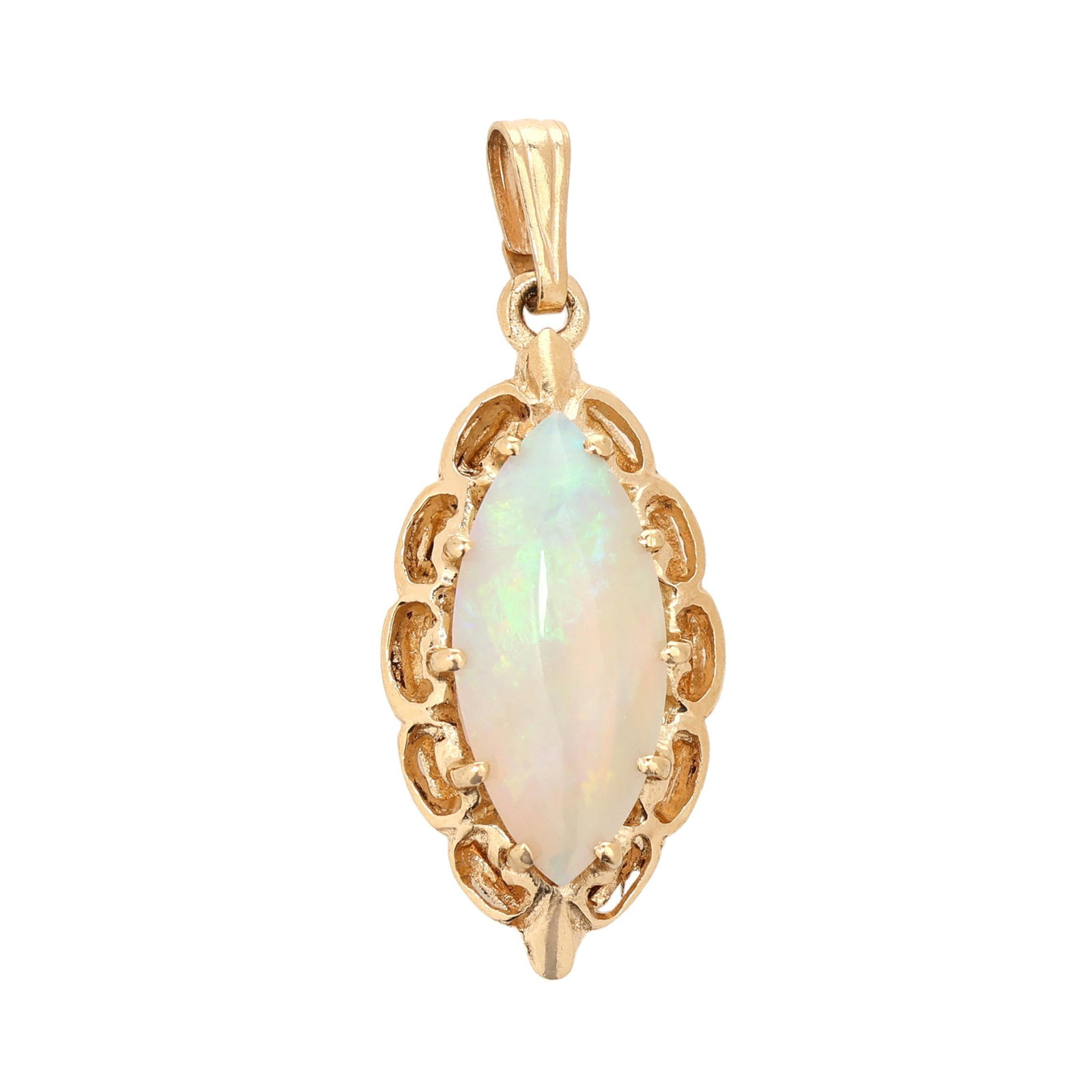 Gold and Opal Pendant: Gold and Opal Pendant set with a marquise cut opal (15.1 x 7.2mm) within a scalloped surround, completed with a bail, stamped 14K. 1 1/8 x 7/16 in. 1.3 dwt. Opal displays a white bodycolor with