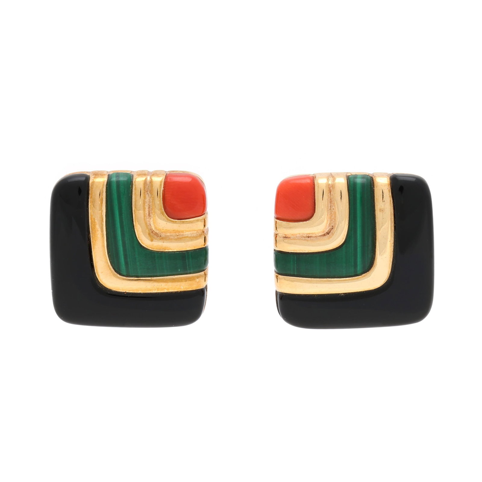 Gold, Black Onyx, Malachite, and Coral Earrings, Asch Grossbardt (1 of 5)