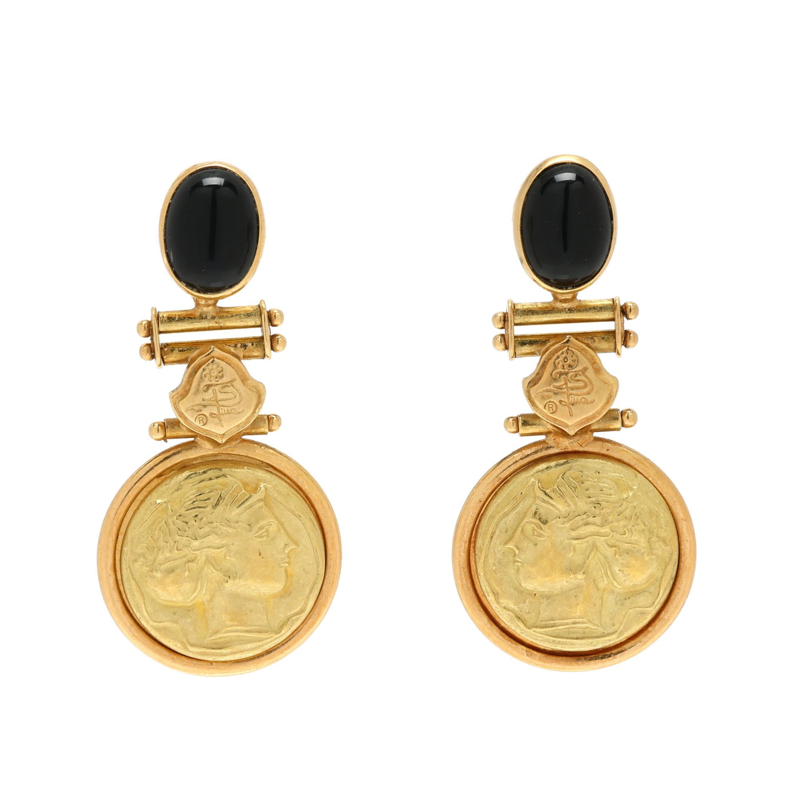 Gold Medallion and Black Onyx Dangle Earrings: Gold Medallion and Black Onyx Dangle Earrings the earrings with a bezel set oval cut black onyx (7.6 x 5.6mm), suspending gold bar accents and a carved gold drop with bust figure, completed with posts