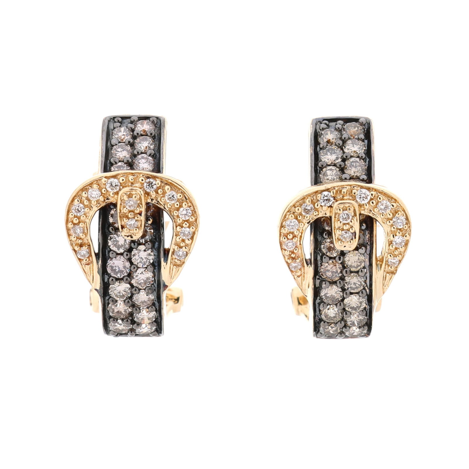 Gold and Diamond Buckle Motif Earrings, Le Vian: Gold and Diamond Buckle Motif Earrings, Le Vian Earrings in a buckle design set with full cut round diamonds weighing approximately 1.0 total carats (I-J to Fancy Light Brown color, SI2-I1 clarity), c