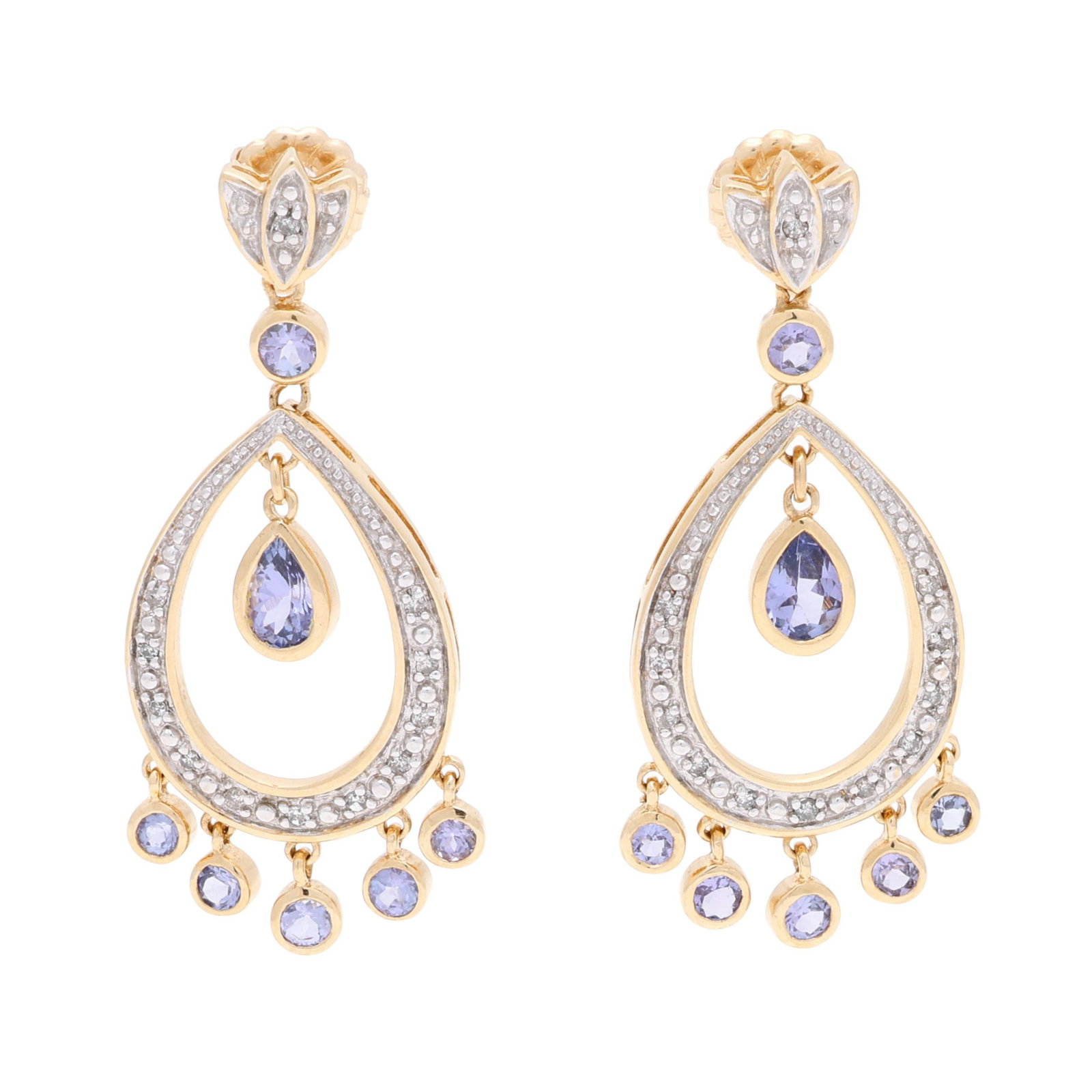 Bi-Color Gold, Tanzanite, and Diamond Dangle Earrings: Bi-Color Gold, Tanzanite, and Diamond Dangle Earrings the earrings with a floral motif surmount and bezel set round cut tanzanite (2.75mm) suspending a pear-shaped cutout form set with single cut diam