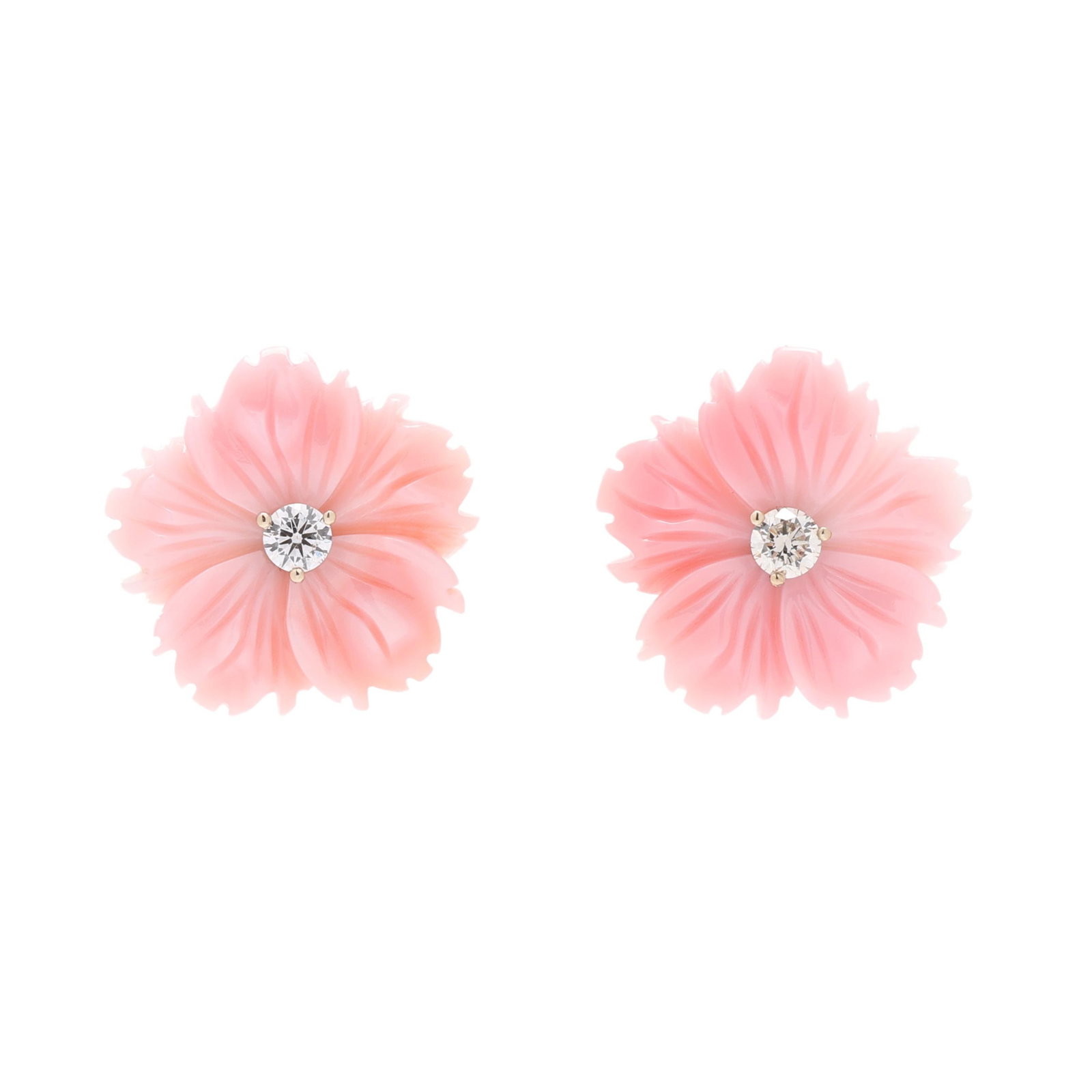 White Gold, Carved Coral, and Diamond Stud Earrings, Paul Morelli: White Gold, Carved Coral, and Diamond Stud Earrings, Paul Morelli the floral motif carved coral set to the center with a full cut round diamond weighing approximately .34 carat (G-H color, SI1-SI2 cla