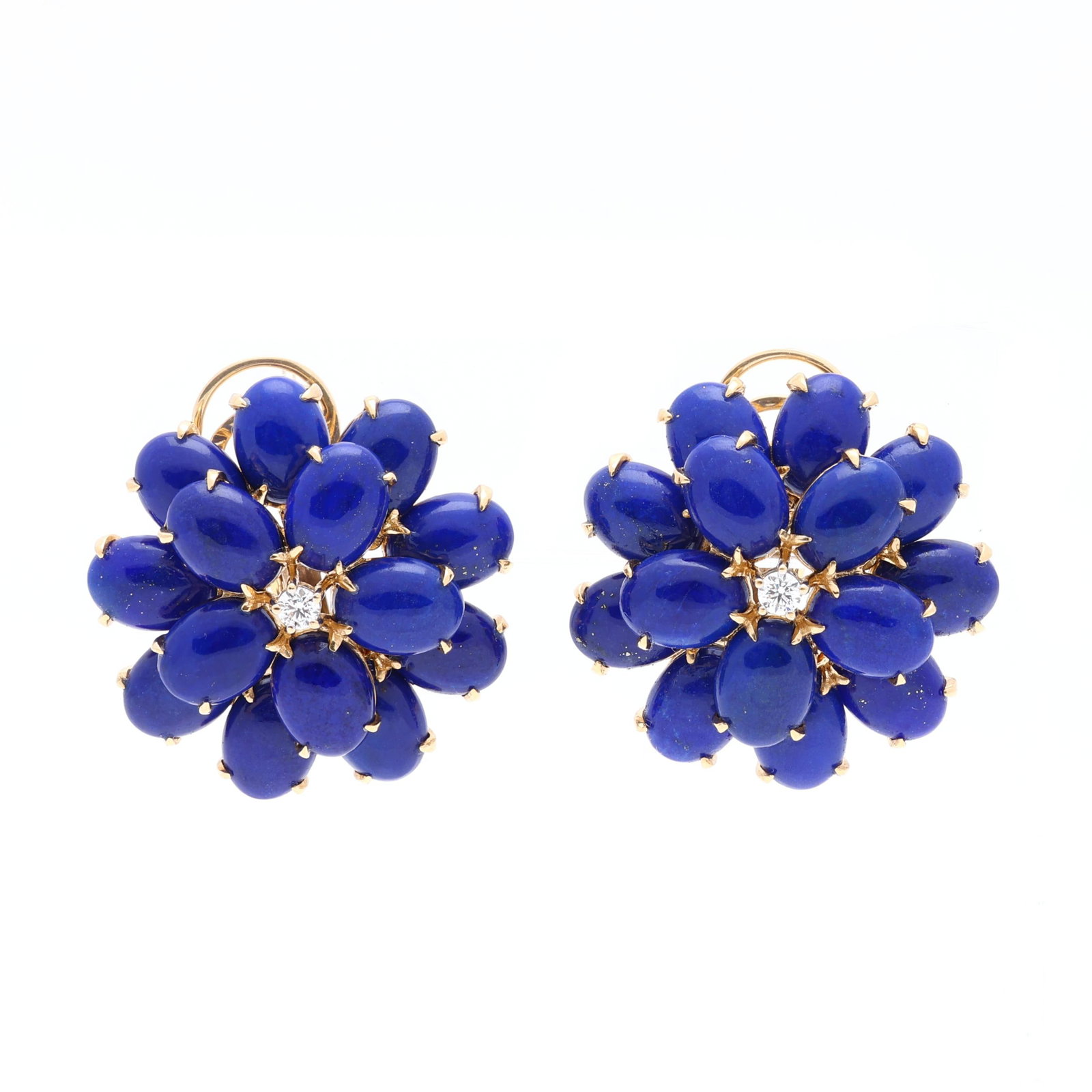 Gold, Lapis Lazuli, and Diamond Floral Motif Earrings (1 of 3)