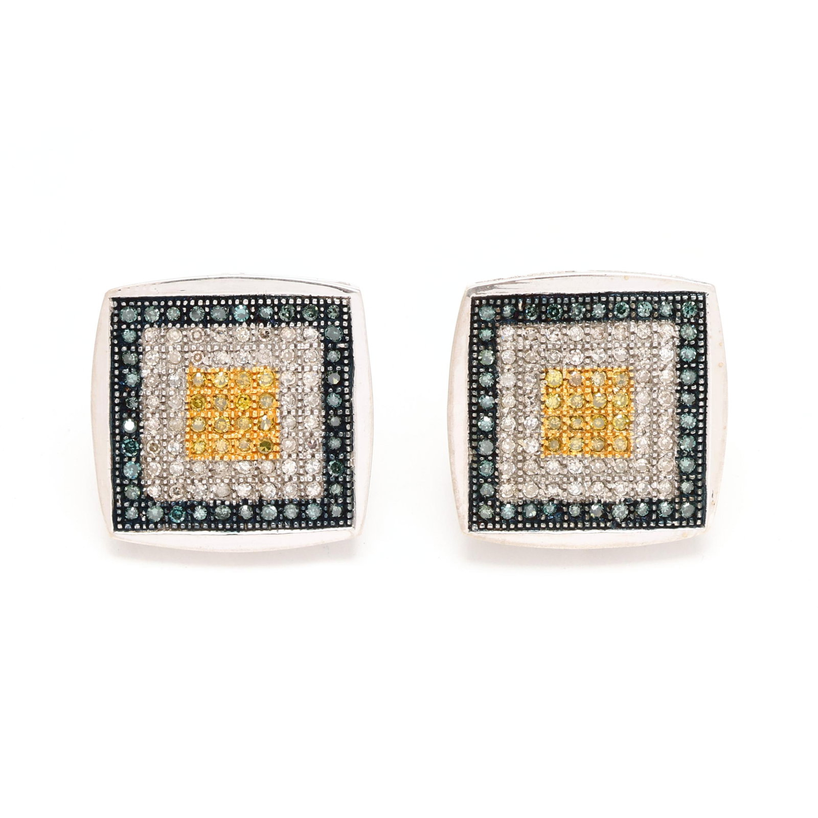 White Gold and Diamond Earrings: White Gold and Diamond Earrings in cushion form, illusion set with single cut round blue, white, and yellow diamonds weighing approximately 1.00 total carat (SI2-I1 clarity), completed with posts and 