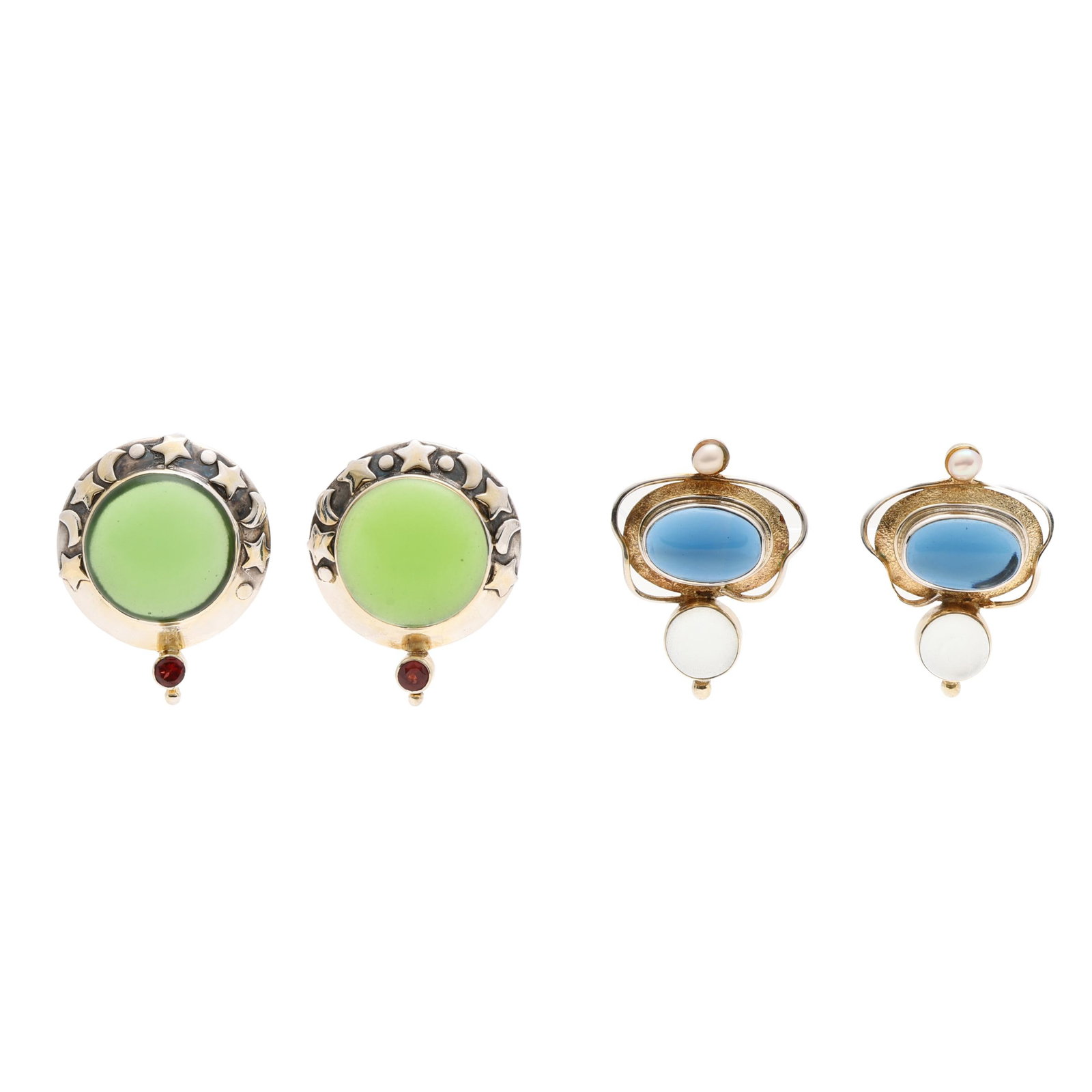 Two Pairs of Silver and Glass Earrings: Two Pairs of Silver and Glass Earrings to include: a round pair with star and moon motif, centered on a round cut green glass, and with a round cut garnet drop, completed with a post, stamped 925 (1 x