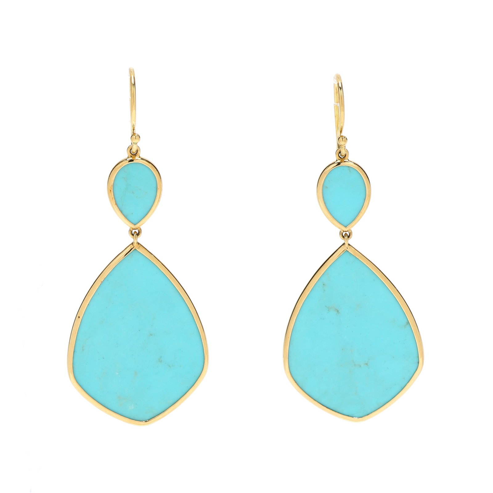 Enamel and Gold Dangle Earrings: Enamel and Gold Dangle Earrings the earrings in a sculptural, double drop design with one small teardrop shaped blue speckled enamel form with gold surround suspending a larger teardrop shaped blue sp