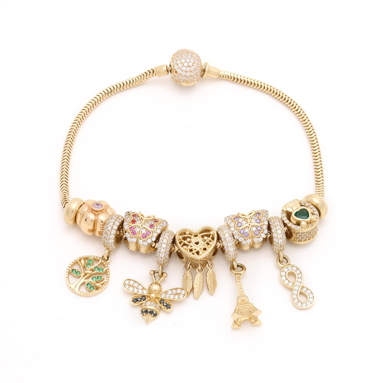 Gold Snake Chain Charm Bracelet with Eleven Charms (1 of 9)