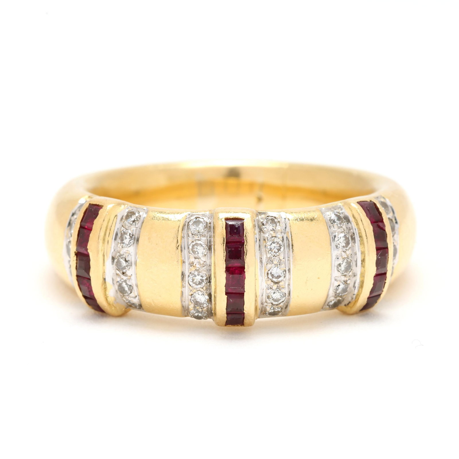 Gold, Diamond, and Ruby Band: Gold, Diamond, and Ruby Band the rounded high polish band set with three raised rows of square cut rubies weighing approximately .75 total carat, each row flanked by bead set full cut round diamonds w