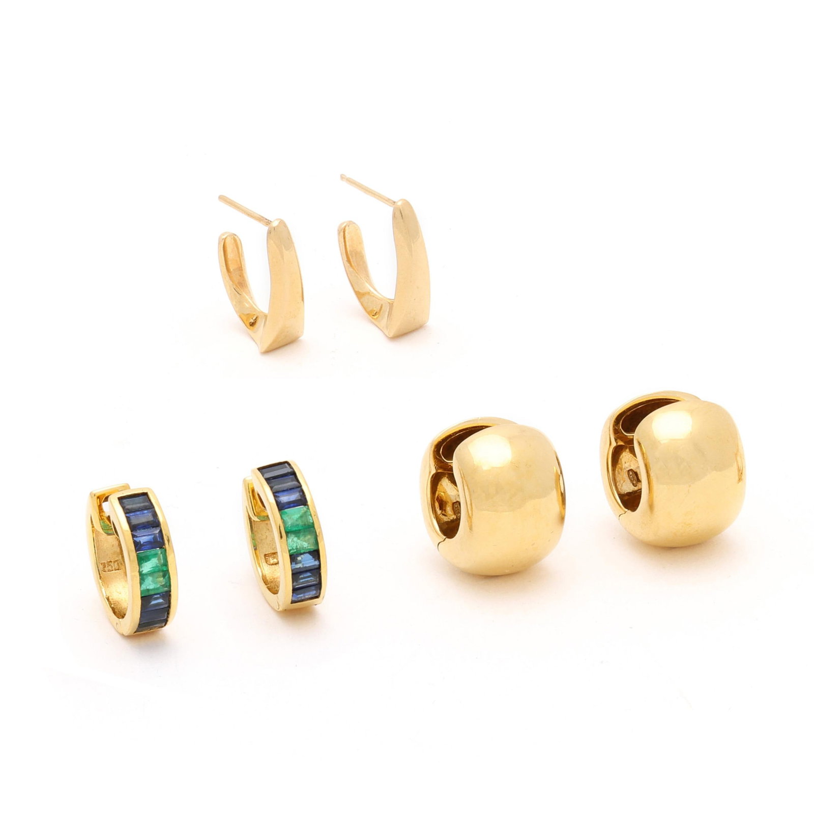 Two Pairs of Gold Hoop Earrings and One Pair of Gold and Gem-Set Hoop Earrings (1 of 10)
