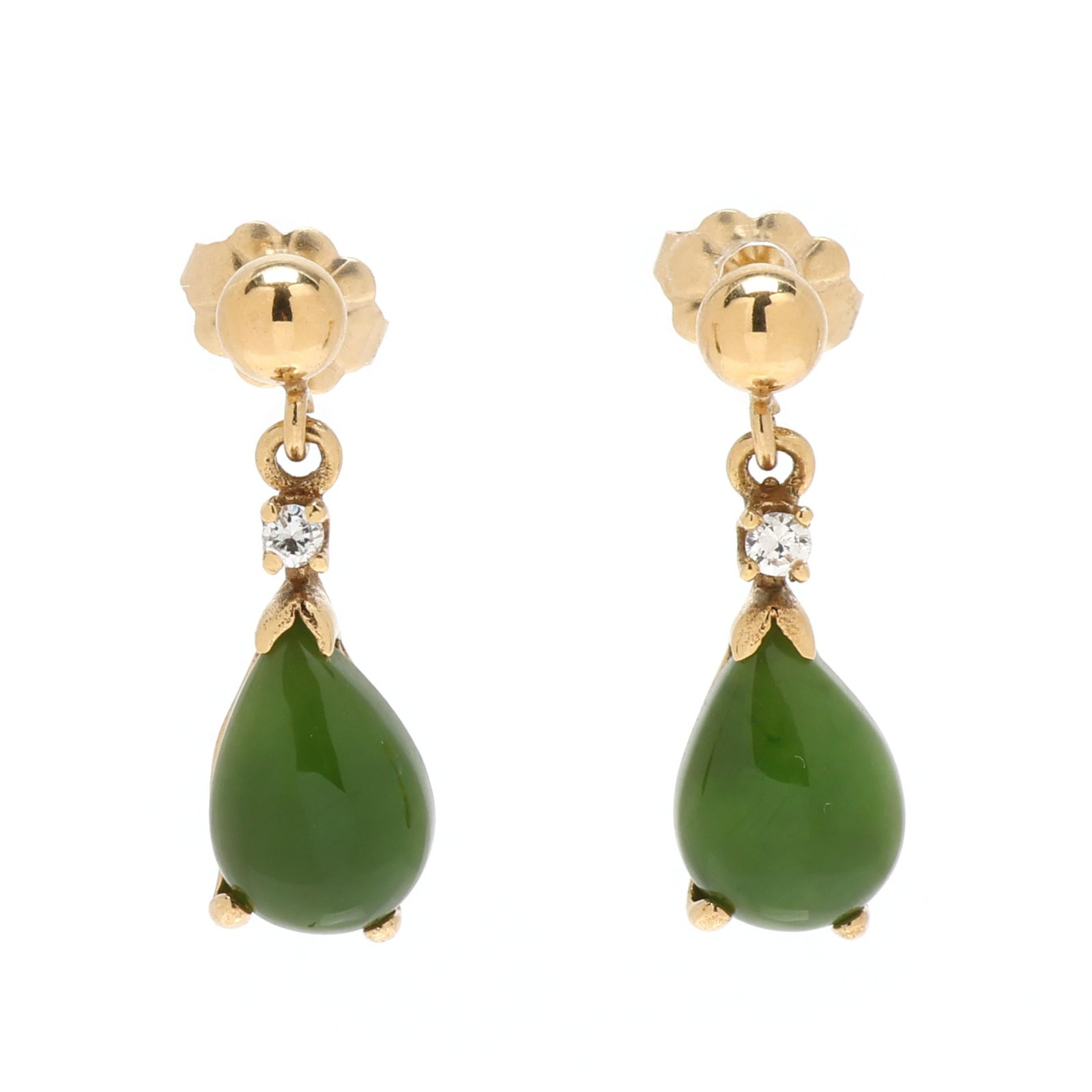 Gold, Nephrite Jade, and Diamond Drop Earrings: Gold, Nephrite Jade, and Diamond Drop Earrings the gold ball (4mm) surmount suspending a pear cabochon cut nephrite jade (10.0 x 7.0mm) set with a full cut round diamond (1.9mm), completed with posts 