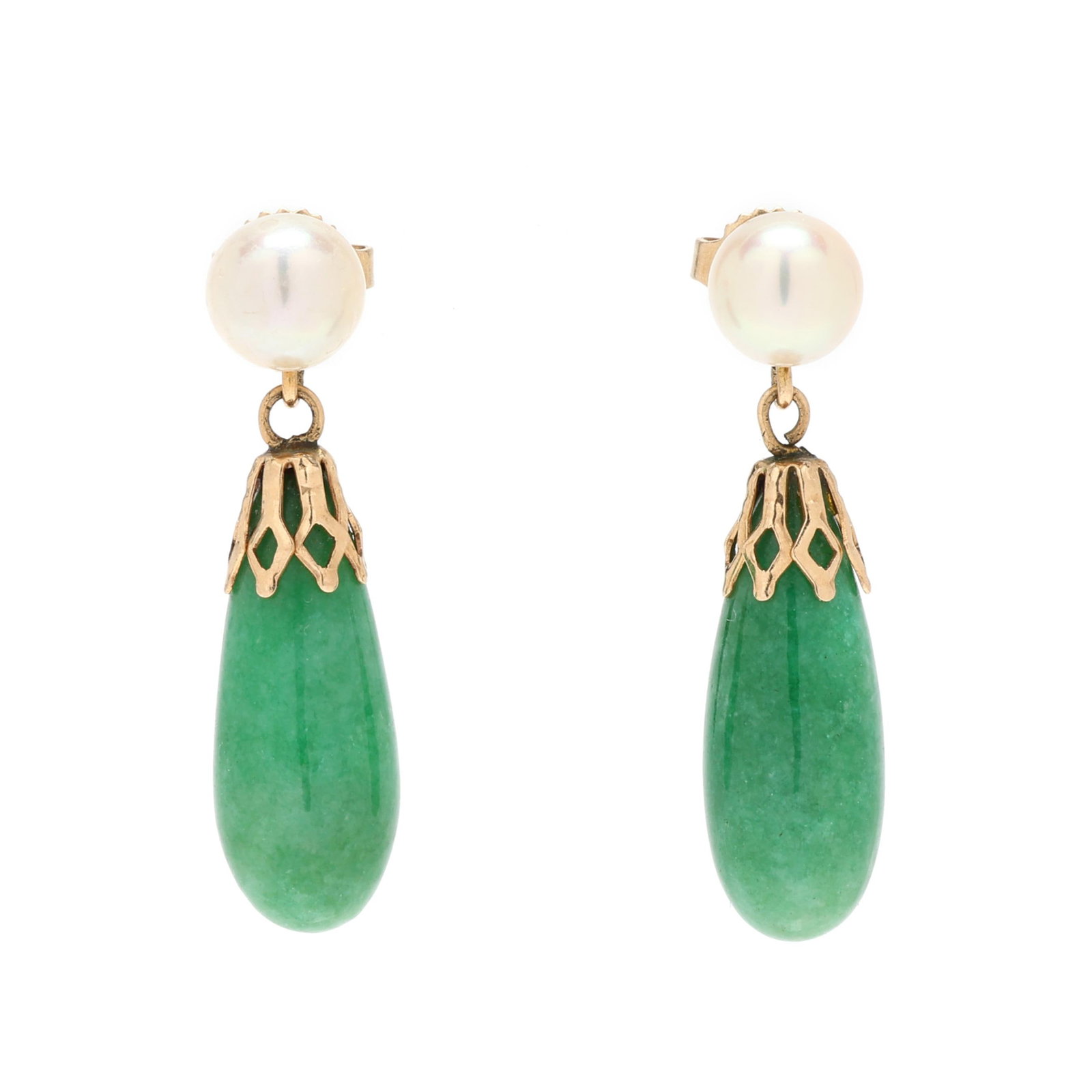 Gold, Jadeite Jade, and Pearl Drop Earrings (1 of 4)