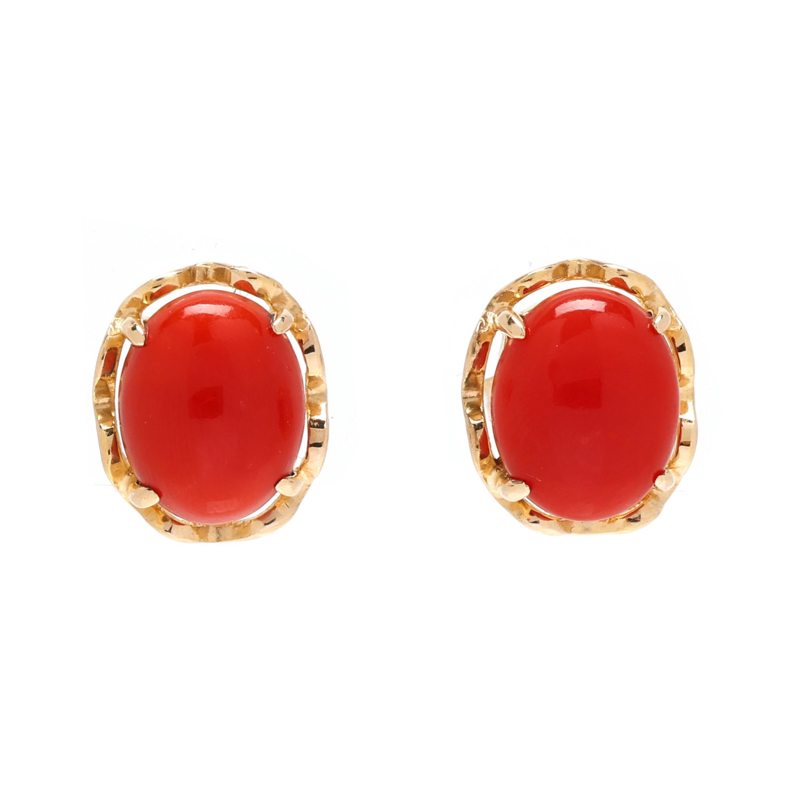 Gold and Carnelian Stud Earrings: Gold and Carnelian Stud Earrings the oval cabochon cut carnelian (9.9 x 8.0mm; 10.0 x 8.0mm) in a scalloped, pronged setting, completed with posts and push backs, stamped 14K and with a maker's mark.