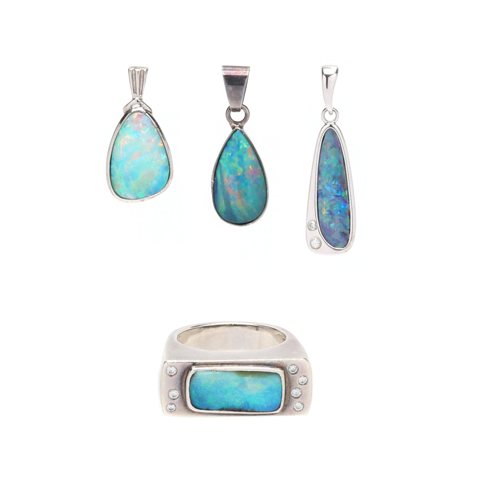 Group of Three Silver and Opal Pendants and A Silver and Opal Ring (1 of 11)