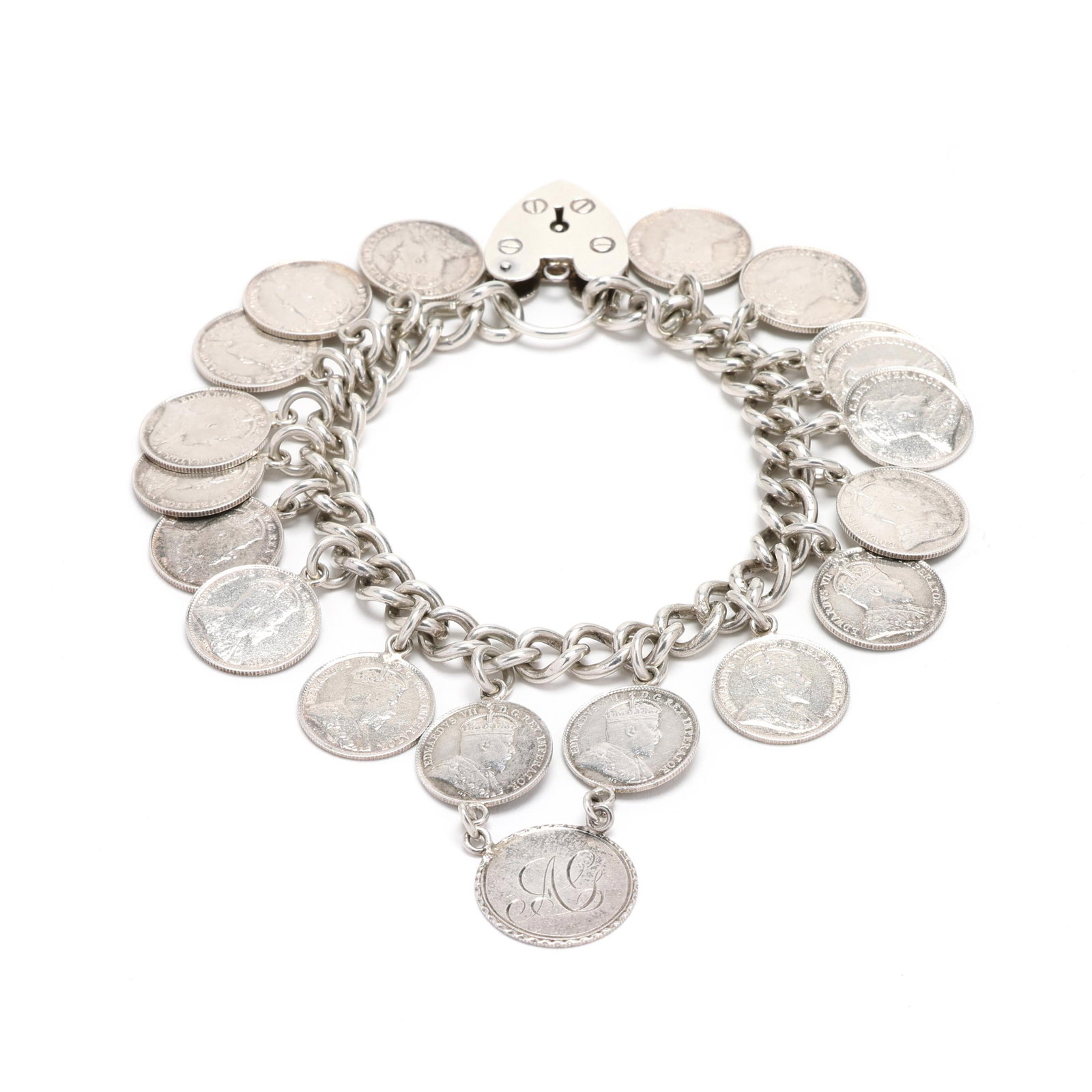 English Sterling Coin Bracelet: English Sterling Coin Bracelet 1977, the silver curb link bracelet with (18) 5¢ Canadian coins to include (10) coins dated 1902, (7) coins dated 1904, and one coin dated 1903, with (2) coins