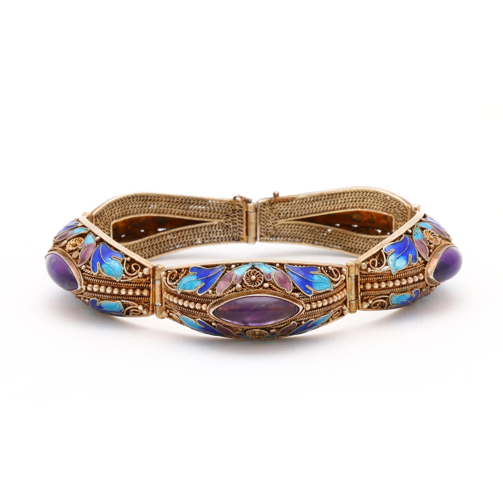 Vintage Vermeil, Enamel, and Amethyst Bracelet, China: Vintage Vermeil, Enamel, and Amethyst Bracelet, China the vintage silver bracelet with blue and purple enameled foliate motif and beaded design to center, with three links bezel set to the center
