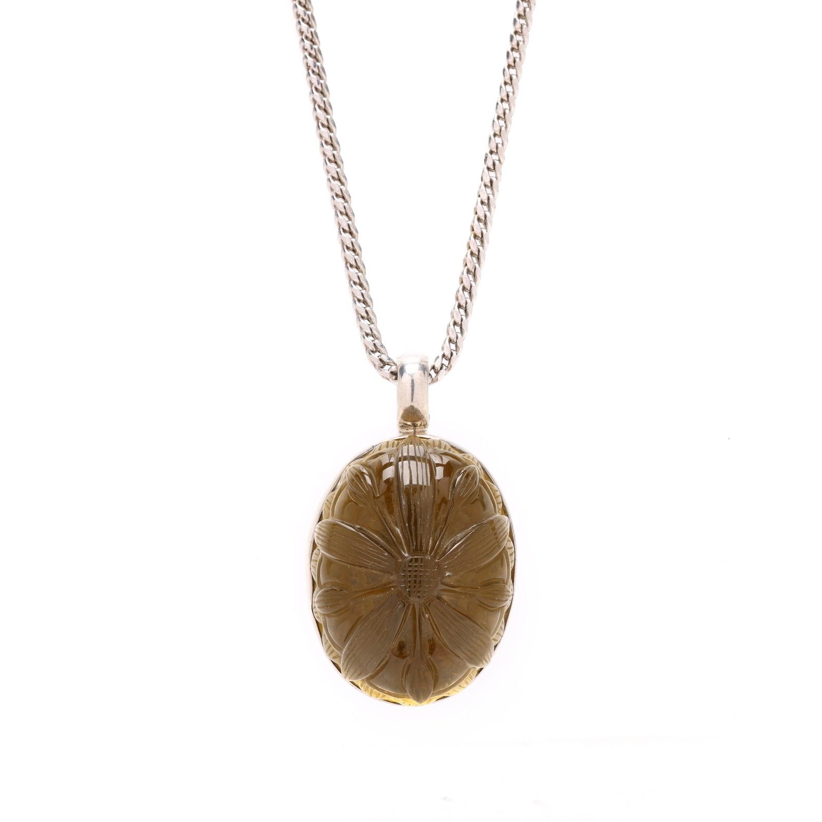 Silver and Carved Praseolite Quartz One of a Kind Necklace, Stephen Dweck: Silver and Carved Praseolite Quartz One of a Kind Necklace, Stephen Dweck the necklace suspending a large oval shaped carved praseolite quartz pendant in a flower motif, set in a silver bezel with