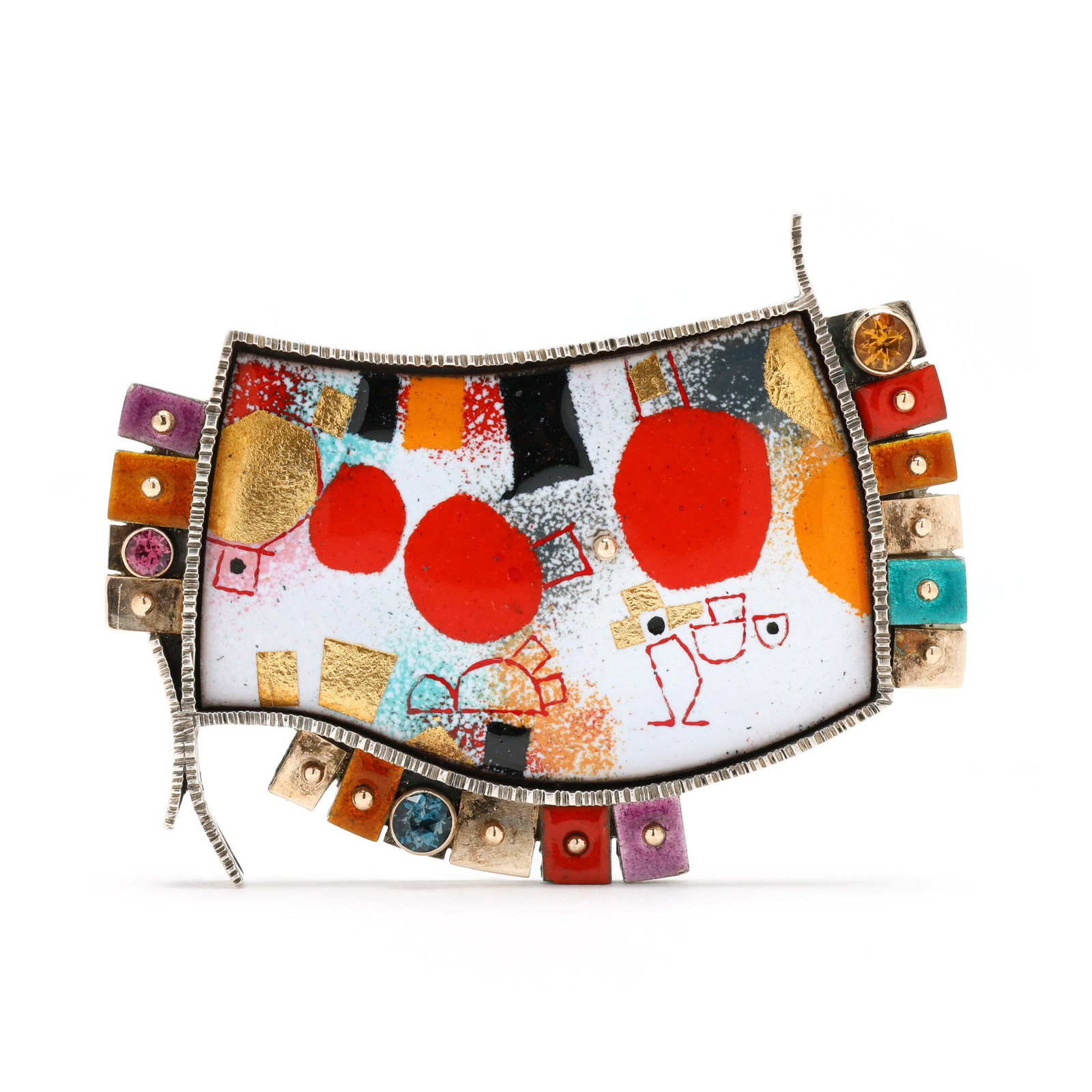 Silver, Gold, Enamel, and Gem-Set Brooch, Earl Pardon: Silver, Gold, Enamel, and Gem-Set Brooch, Earl Pardon the brooch in a modernist design with abstract, geometric, enamel depictions, curved, textured, asymmetrical border with gem-set enamel panels to