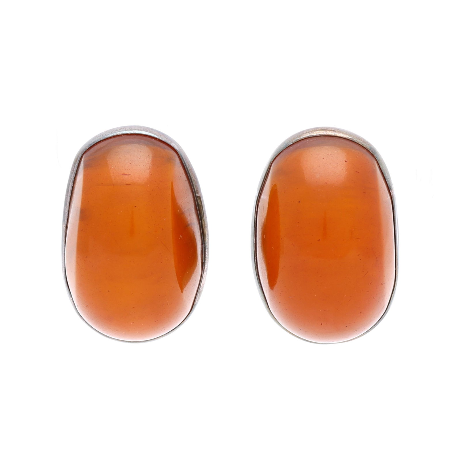Vintage Silver and Amber Clip Earrings, Rebecca Collins: Vintage Silver and Amber Clip Earrings, Rebecca Collins cabochon cut amber set in silver, completed with omega backs, signed and stamped with maker's mark and Dallas Texas, XRF testing sterling