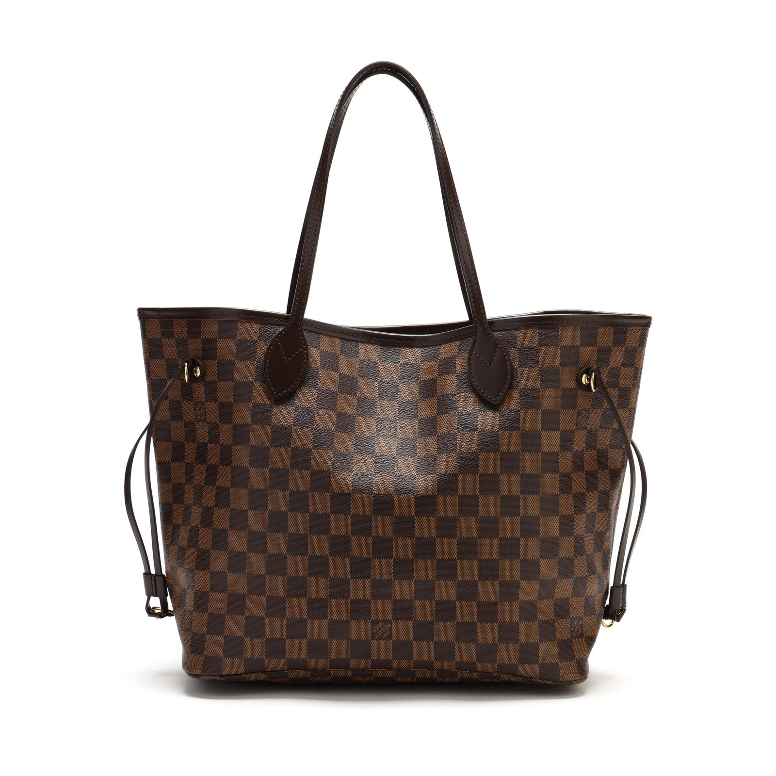 Canvas and Leather Neverfull Tote Bag, Louis Vuitton: Canvas and Leather Neverfull Tote Bag, Louis Vuitton made in the USA of Damier Ebene canvas with brown leather trim, gold-tone hardware, and flat leather handles and cinch straps, the interior in red 