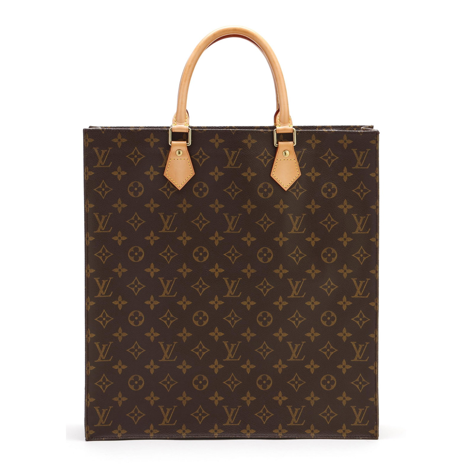 Canvas and Leather Sac Plat Tote Bag, Louis Vuitton: Canvas and Leather Sac Plat Tote Bag, Louis Vuitton made in France, the exterior in monogram canvas with gold-tone hardware and rolled Vachetta leather handles, the interior in tan leatherette with tw