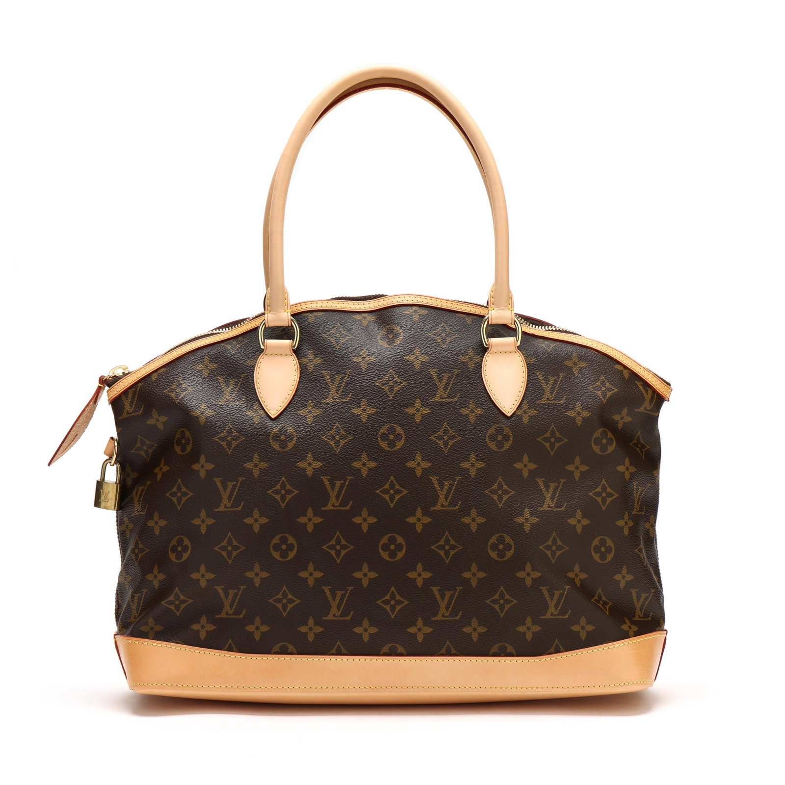 Canvas and Leather Lockit Handbag, Louis Vuitton: Canvas and Leather Lockit Handbag, Louis Vuitton made in the USA of brown monogram canvas with Vachetta leather, gold-tone hardware, rolled leather handles, and main zipper pocket with locking zipper 