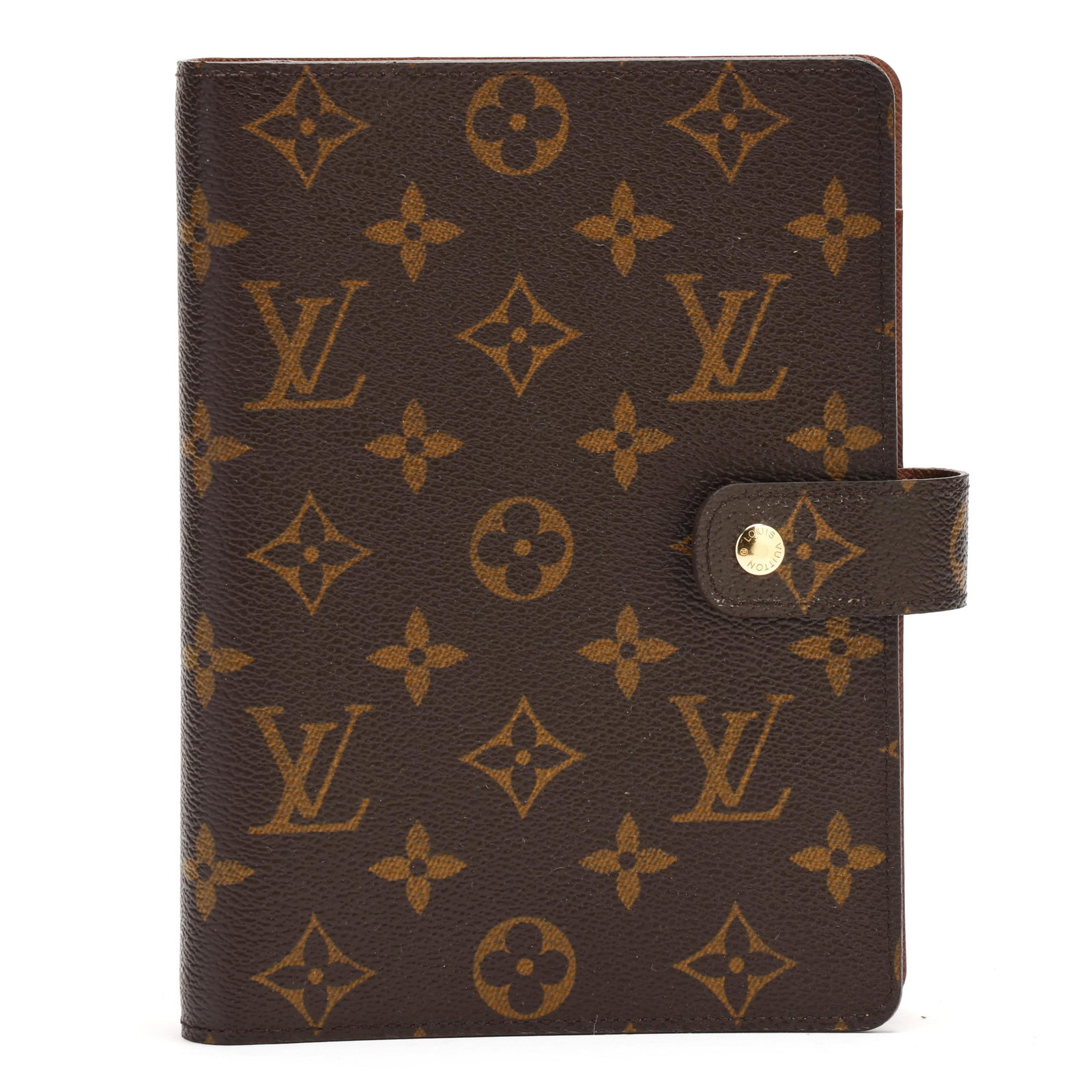 Canvas Medium Ring Agenda Cover, Louis Vuitton: Canvas Medium Ring Agenda Cover, Louis Vuitton the exterior in monogram canvas with snap closure, the interior with (7) card slots, (2) ruler/bookmarks, white and brown note pages, "Les Malles Emblema