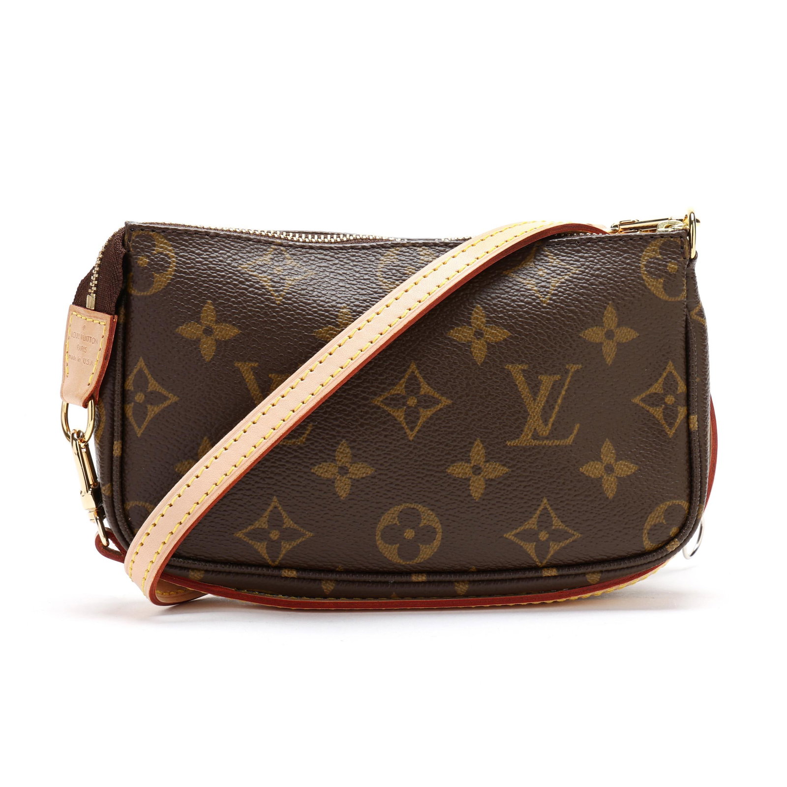 Canvas Pochette Bag, Louis Vuitton: Canvas Pochette Bag, Louis Vuitton made in the USA of brown monogram canvas with gold-tone hardware, flat leather shoulder strap, and main zipper pocket, and the interior in brown canvas. Accompanied 