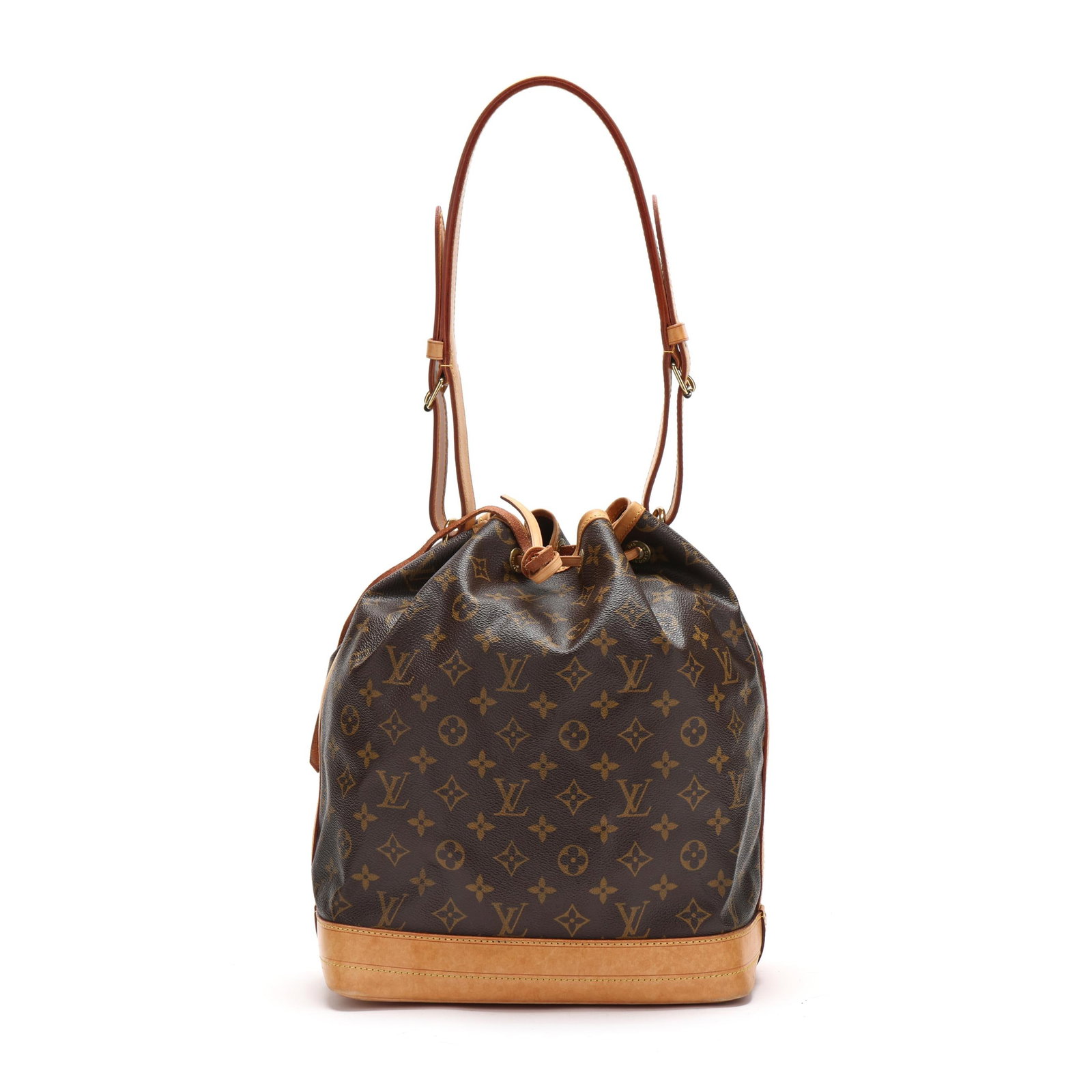 Monogram Canvas Noé Bucket Bag, Louis Vuitton: Monogram Canvas Noé Bucket Bag, Louis Vuitton made in France, the exterior in monogram coated canvas with tan leather trim, gold-tone hardware, tan leather drawstring closure, D-rings, and adjustable
