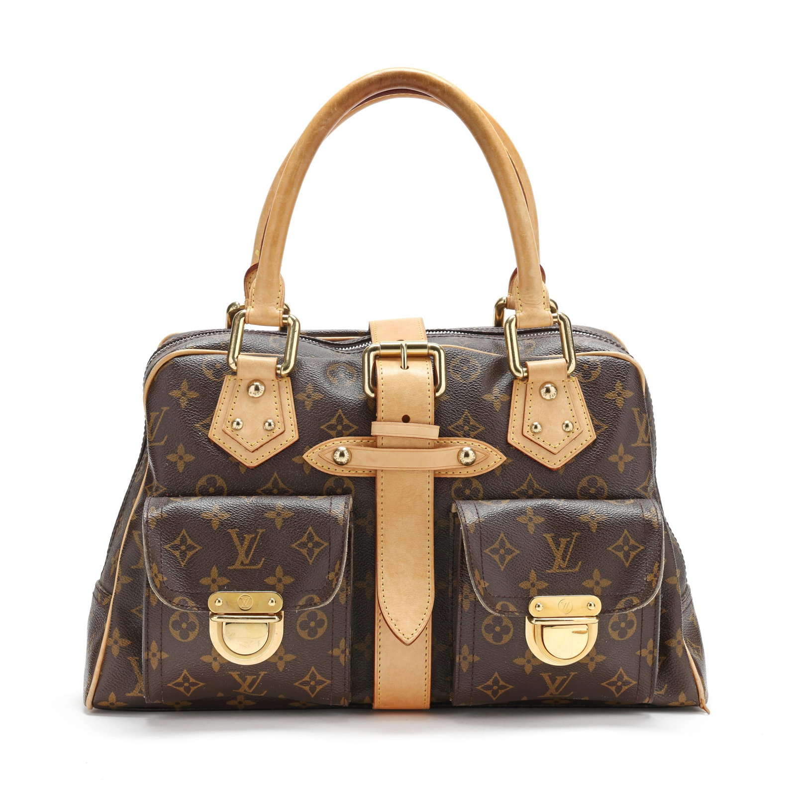 Brown Monogram Canvas Manhattan GM Handbag, Louis Vuitton: Brown Monogram Canvas Manhattan GM Handbag, Louis Vuitton made in the U.S.A. of brown monogram canvas with Vachetta leather handles and trim, gold-tone hardware, two front pockets with push-lock closu