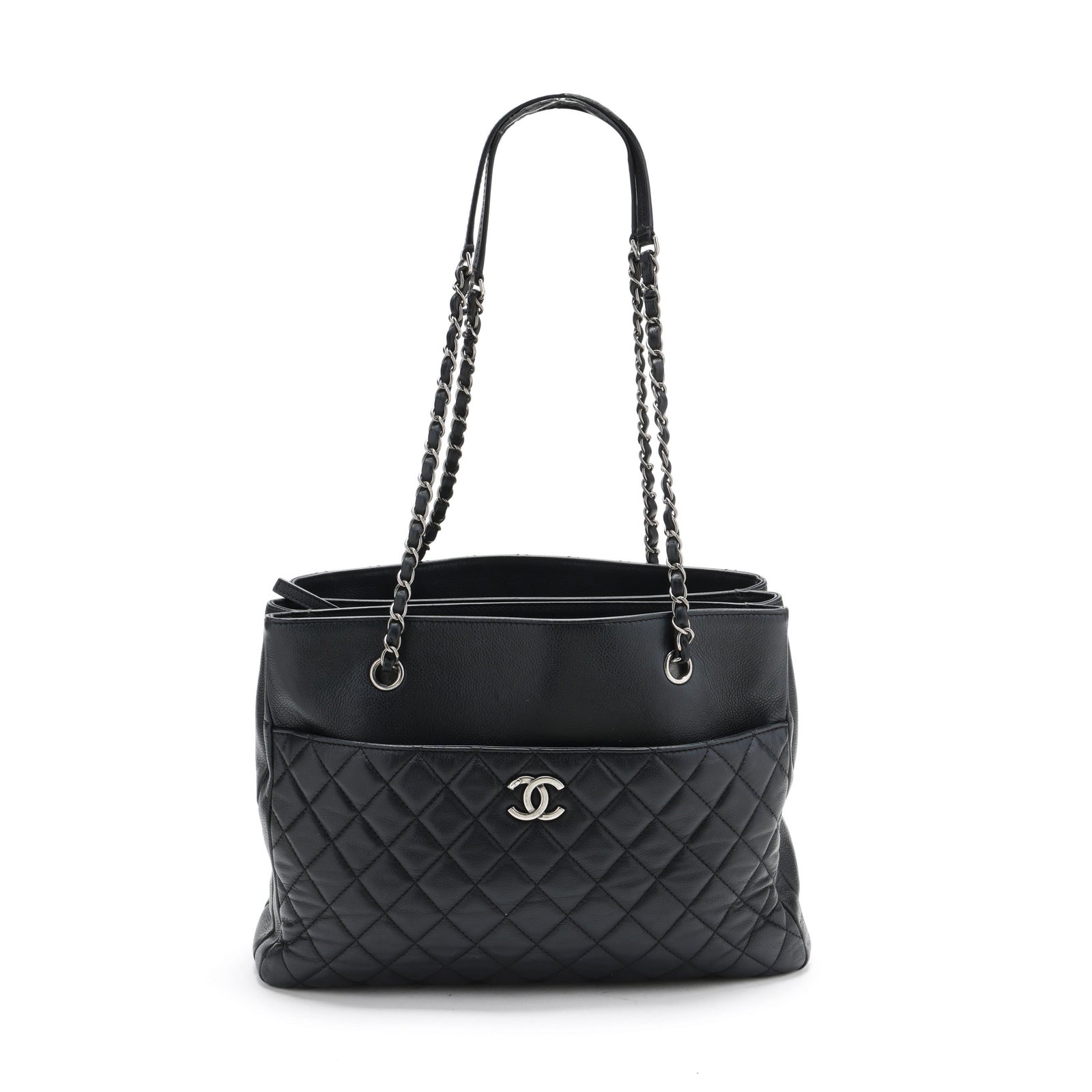 Black Quilted Leather Tote Bag, Chanel: Black Quilted Leather Tote Bag, Chanel made in Italy of black caviar leather, silver-tone hardware, chain-link leather-threaded shoulder straps, interlocking CC logo, one snap pocket, one smile pocket