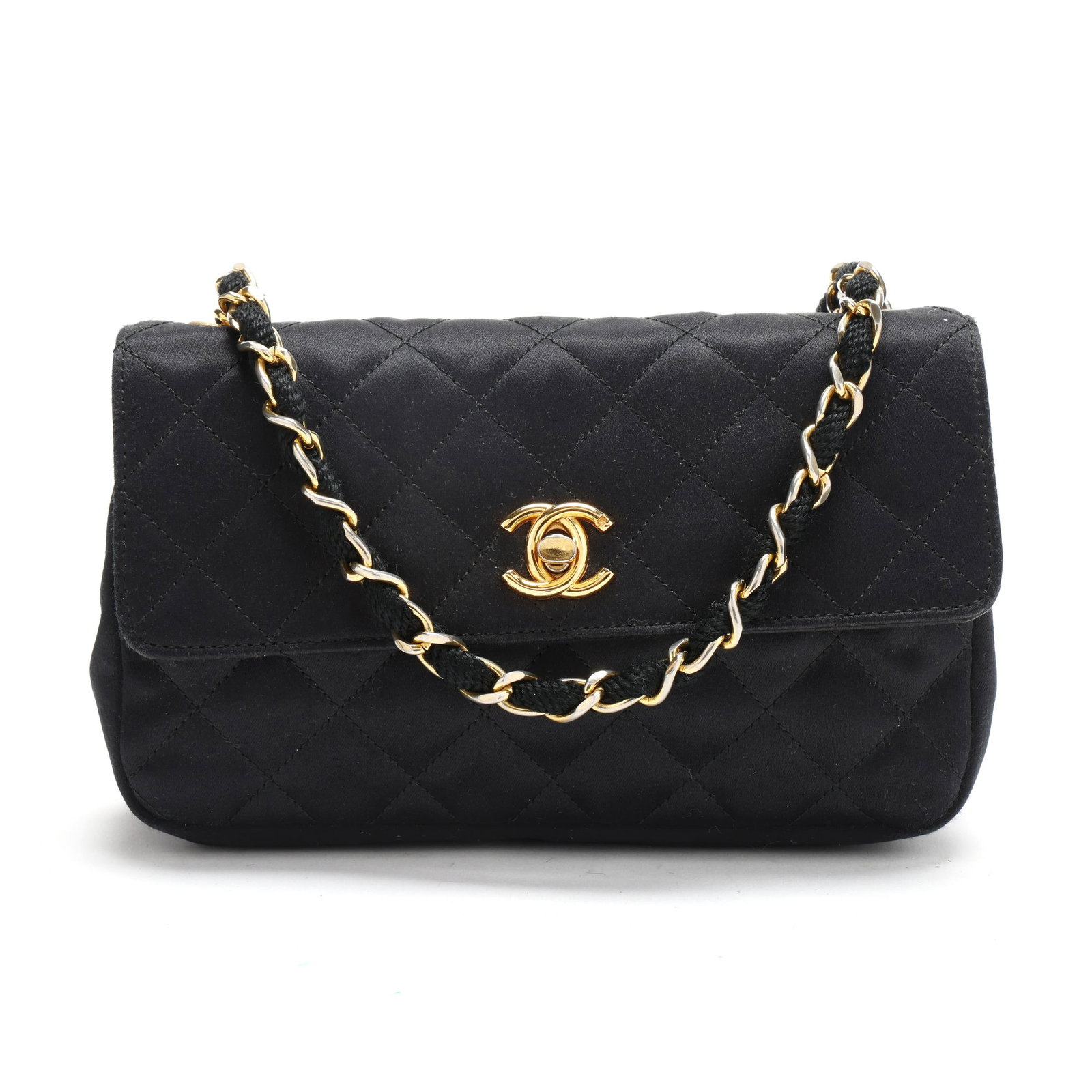 Black Satin Quilted Flap Bag, Chanel: Black Satin Quilted Flap Bag, Chanel the exterior in black satin with gold-tone hardware, chain link strap with woven fabric, CC logo and toggle clasp over main pocket, and the interior in black satin