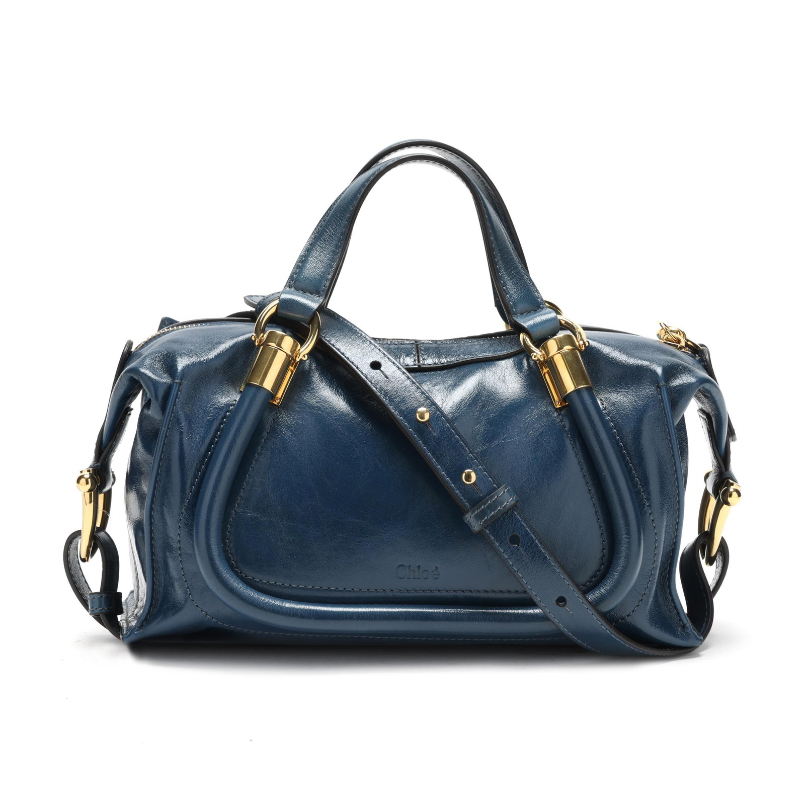Tapestry Blue Calf Leather Paraty 24 Shoulder Bag, Chloé: Tapestry Blue Calf Leather Paraty 24 Shoulder Bag, Chloé made in Italy of tapestry blue calf leather, gold-tone hardware, flat leather handles and adjustable flat leather shoulder strap, with zippere